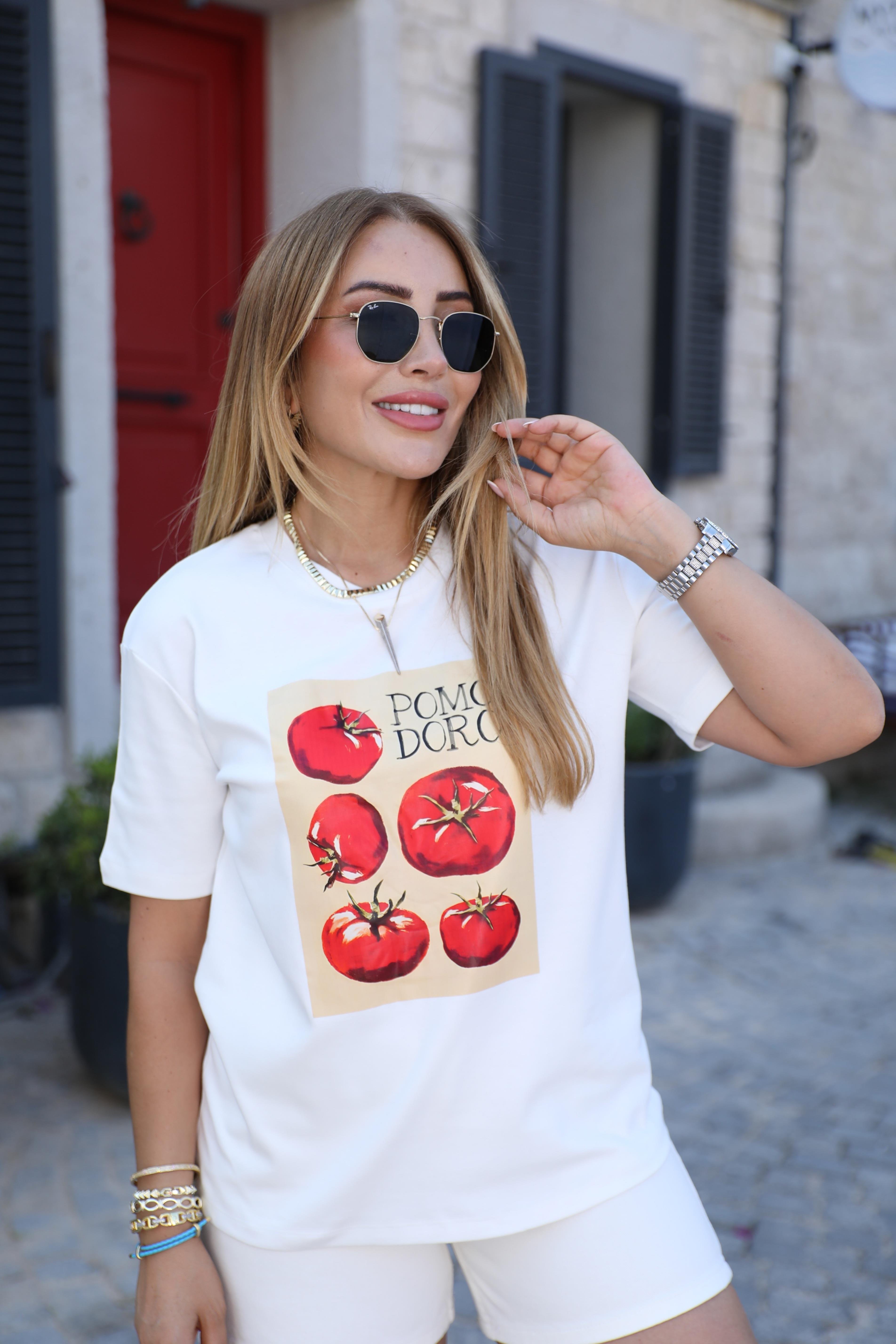 Beyaz Pomodo Baskılı T-shirt 