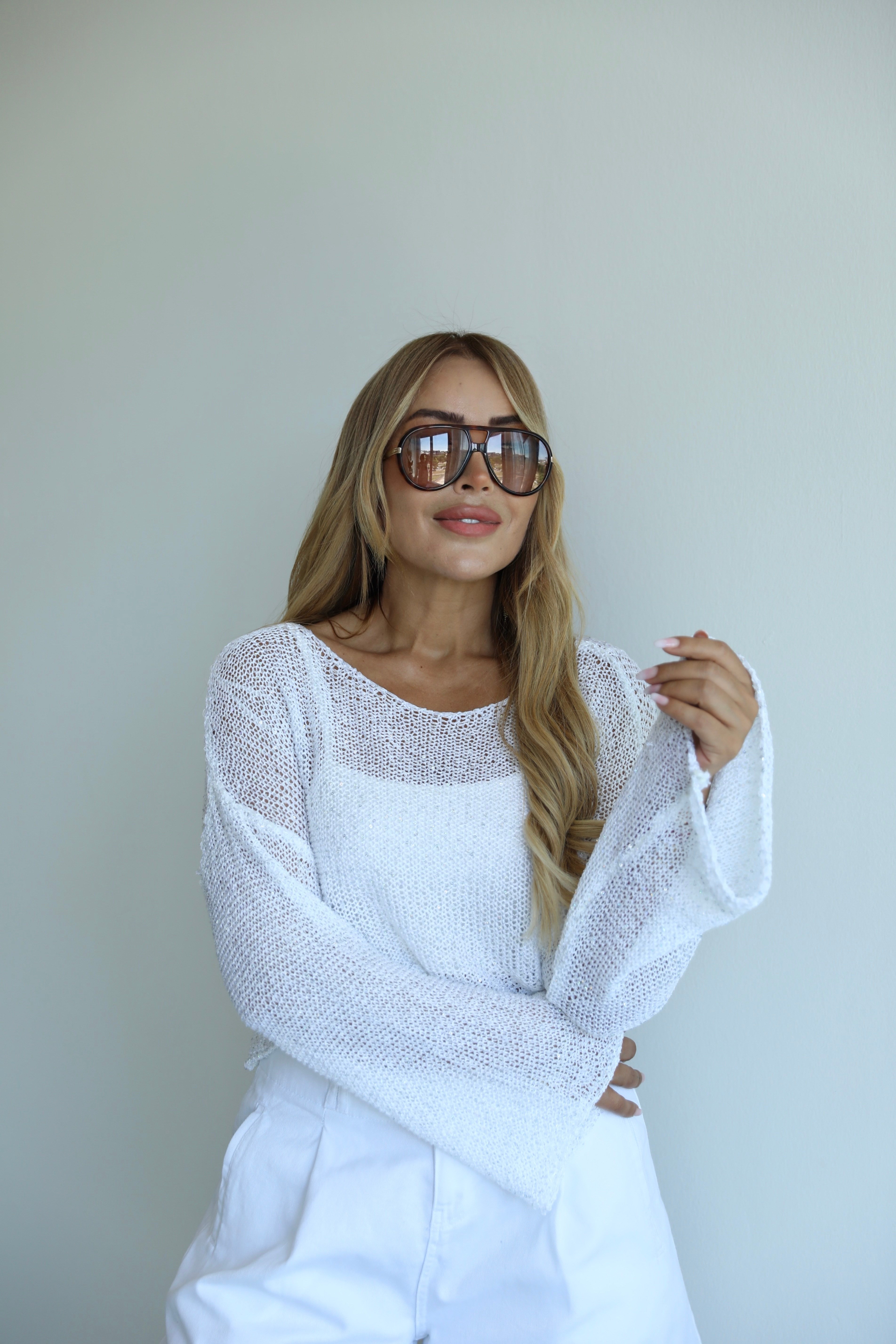 Beyaz Pullu Crop Merserize Triko