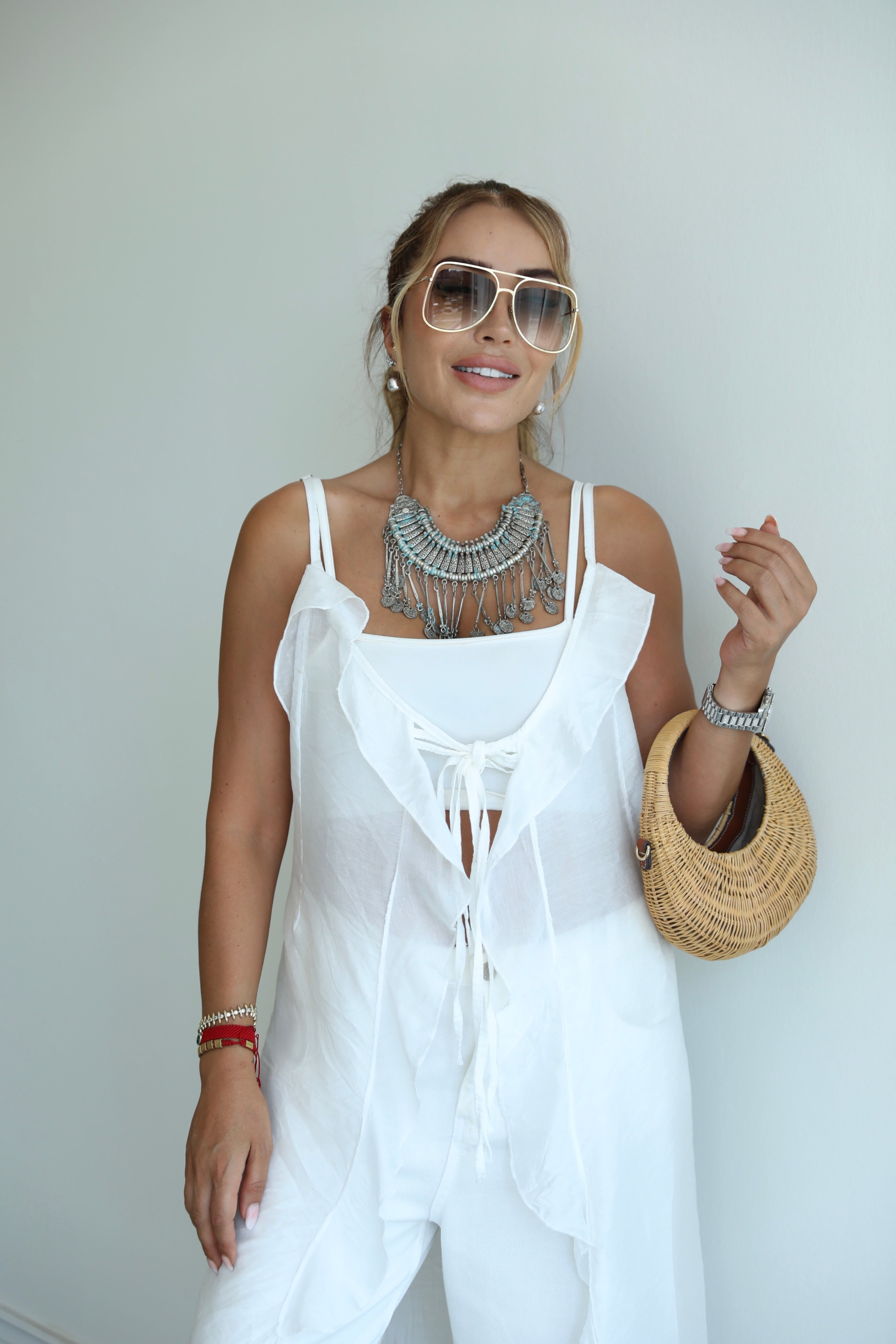 Beyaz Şifon Fırfır Detaylı Kimono