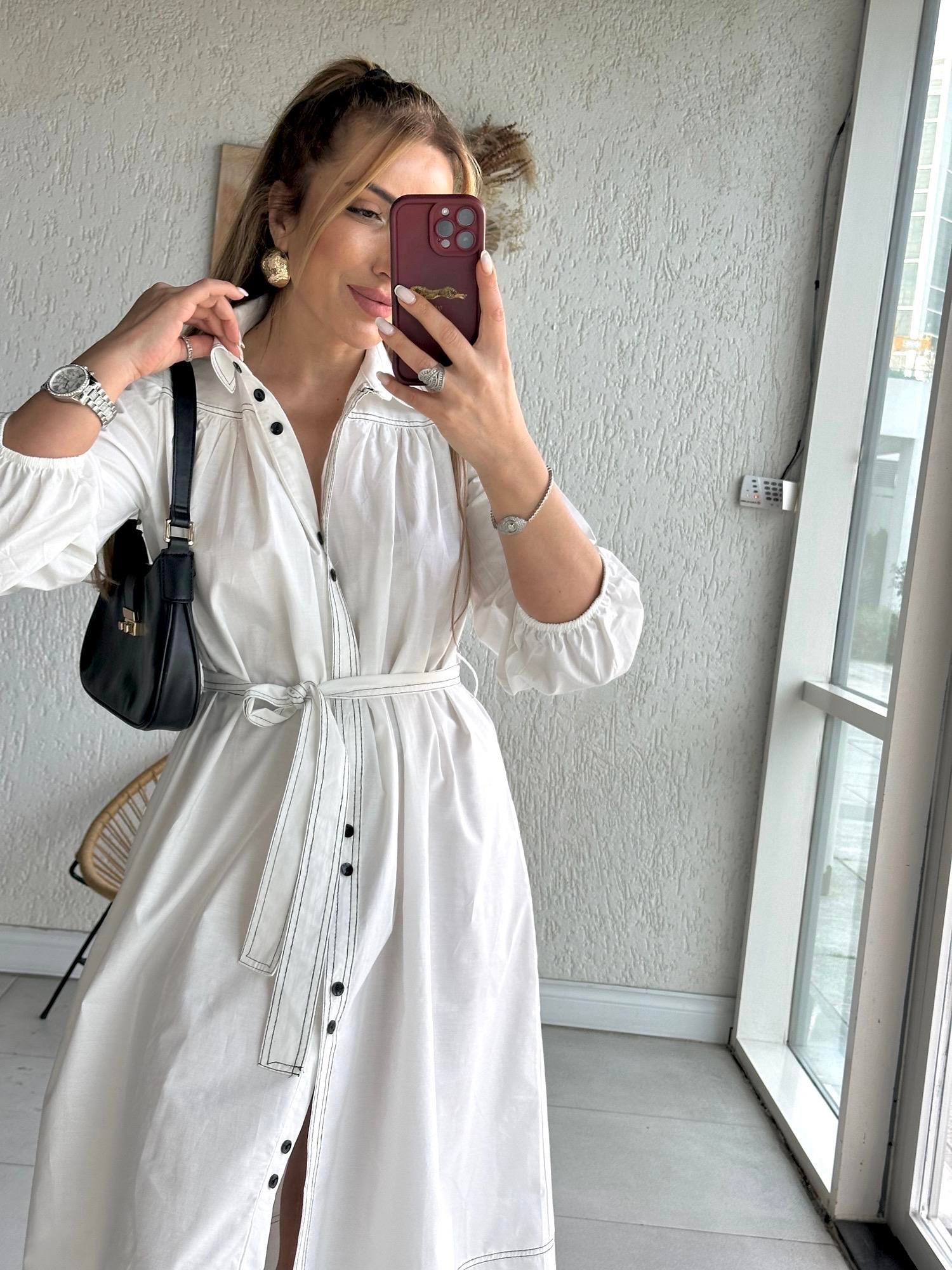 Beyaz Siyah Dikiş Detaylı Poplin Elbise