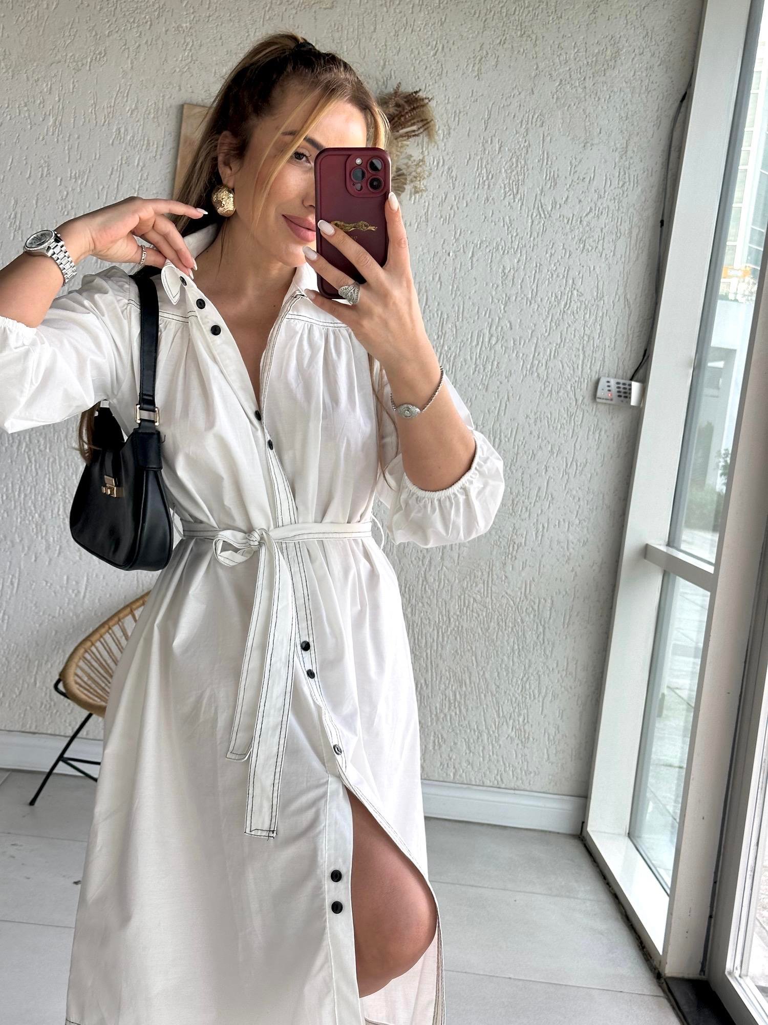 Beyaz Siyah Dikiş Detaylı Poplin Elbise