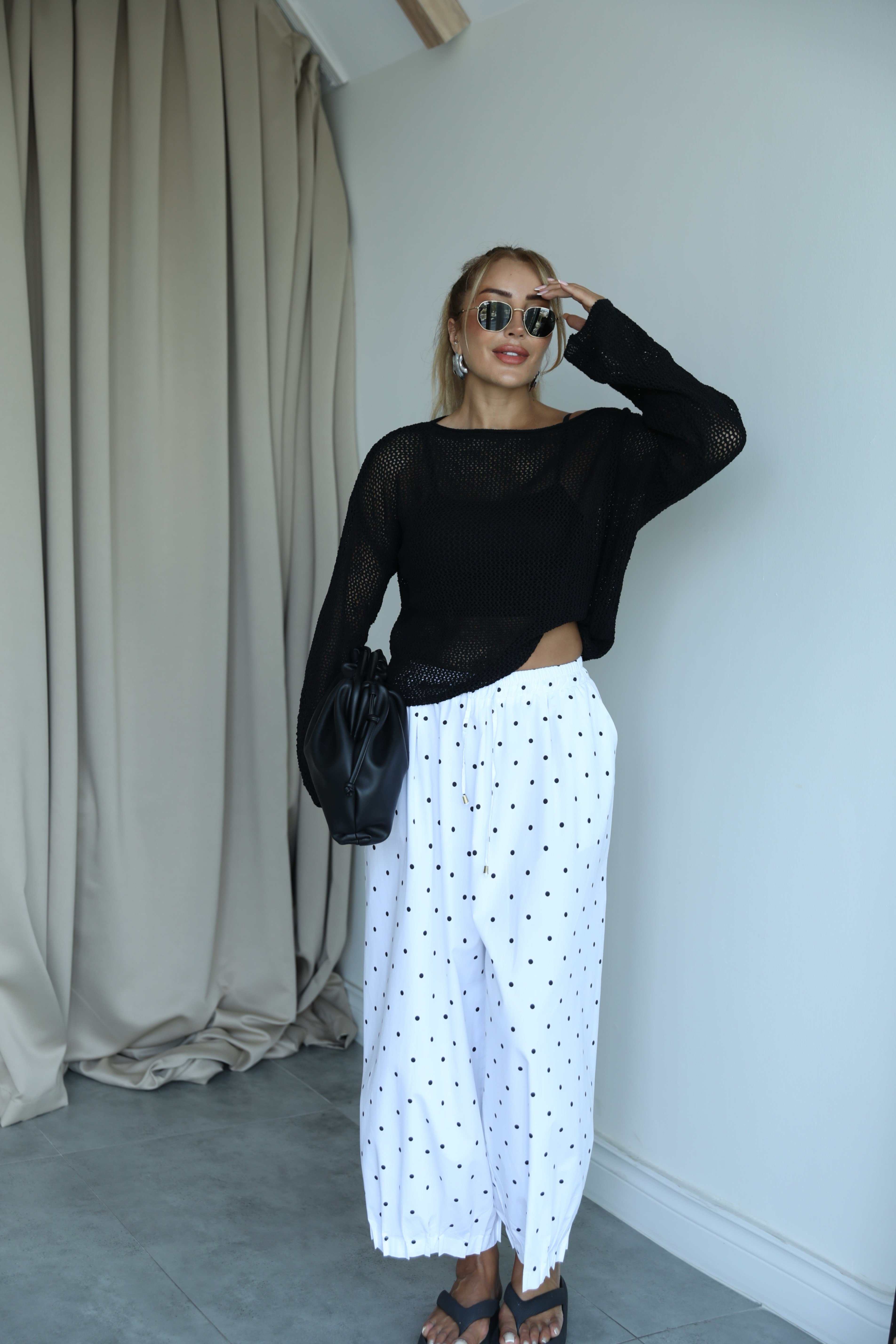 Beyaz Siyah Puantiyeli Poplin Baggy Pantolon 
