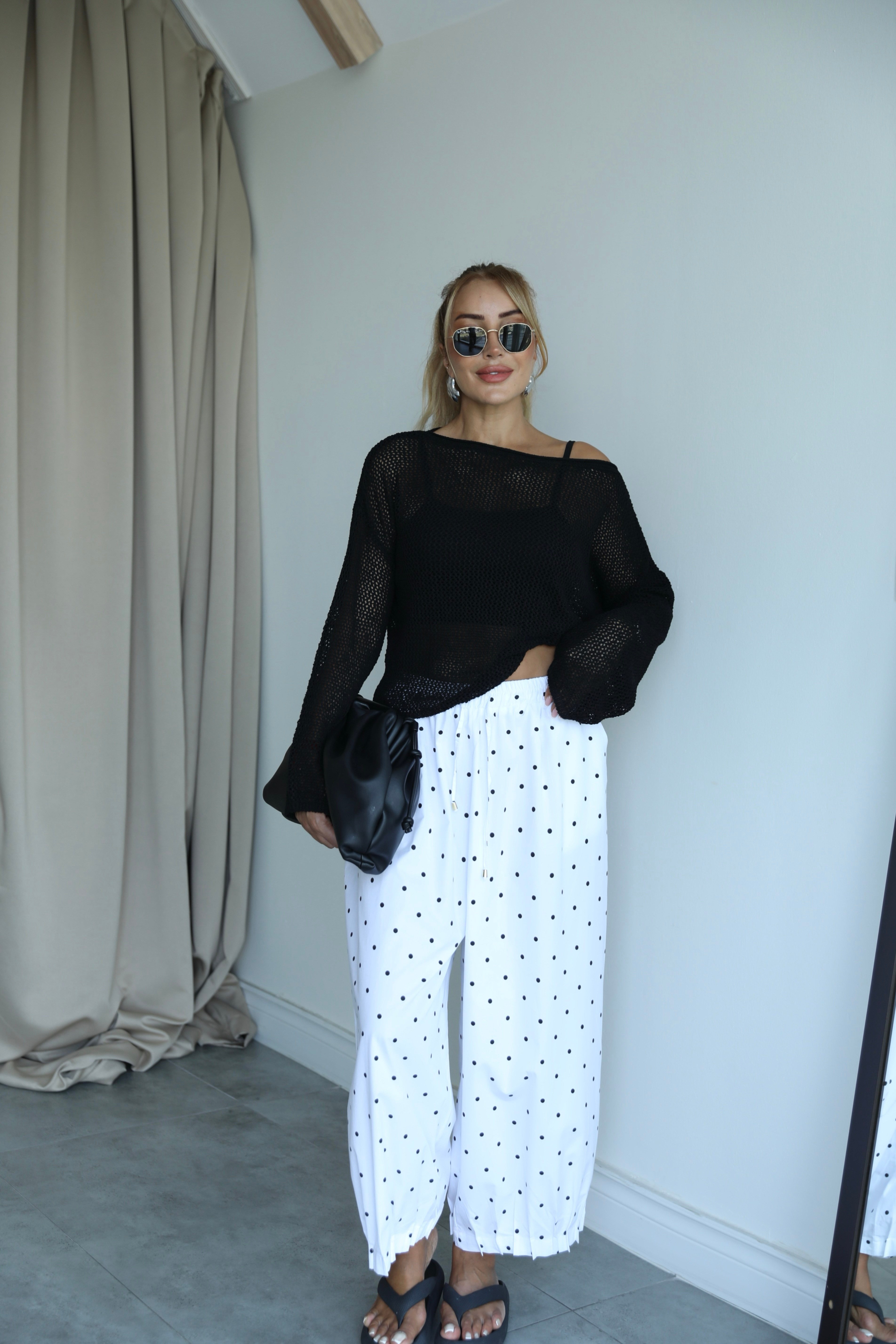 Beyaz Siyah Puantiyeli Poplin Baggy Pantolon 