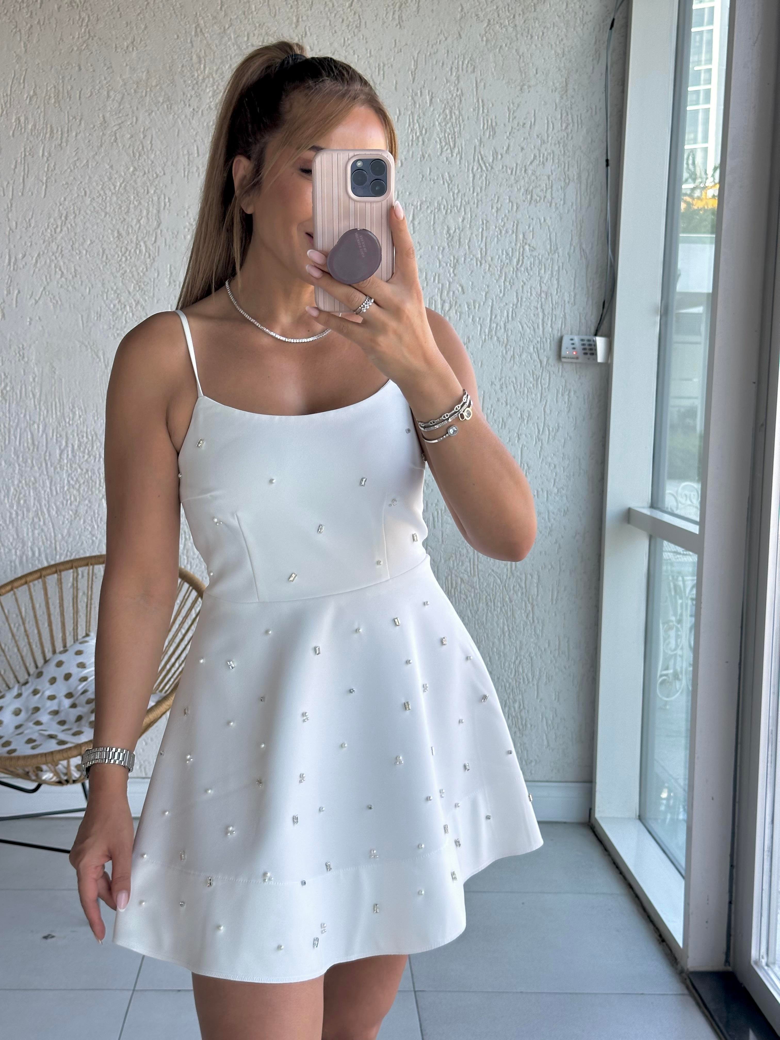 Beyaz Taşlı Askılı Mini Elbise