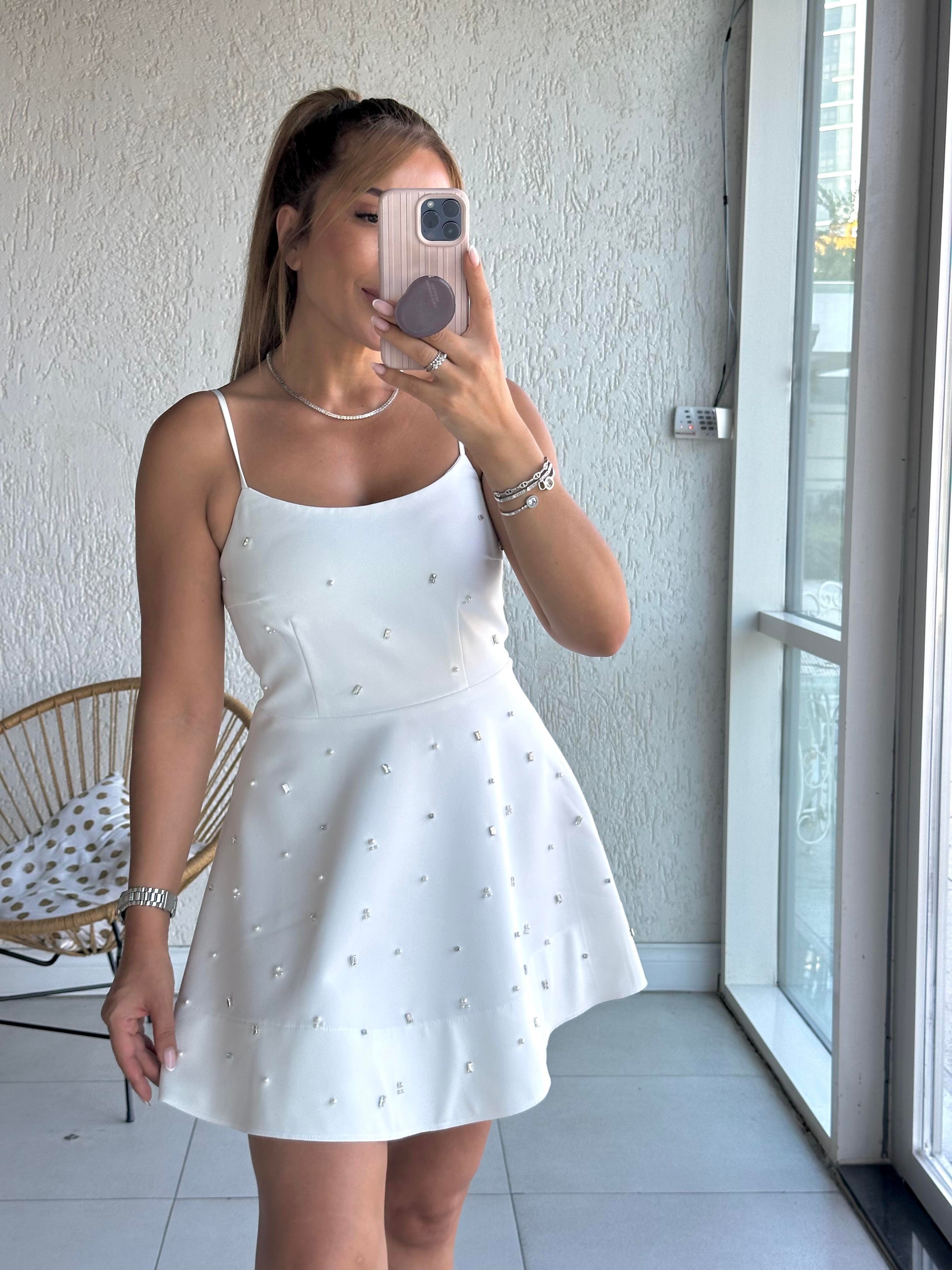 Beyaz Taşlı Askılı Mini Elbise