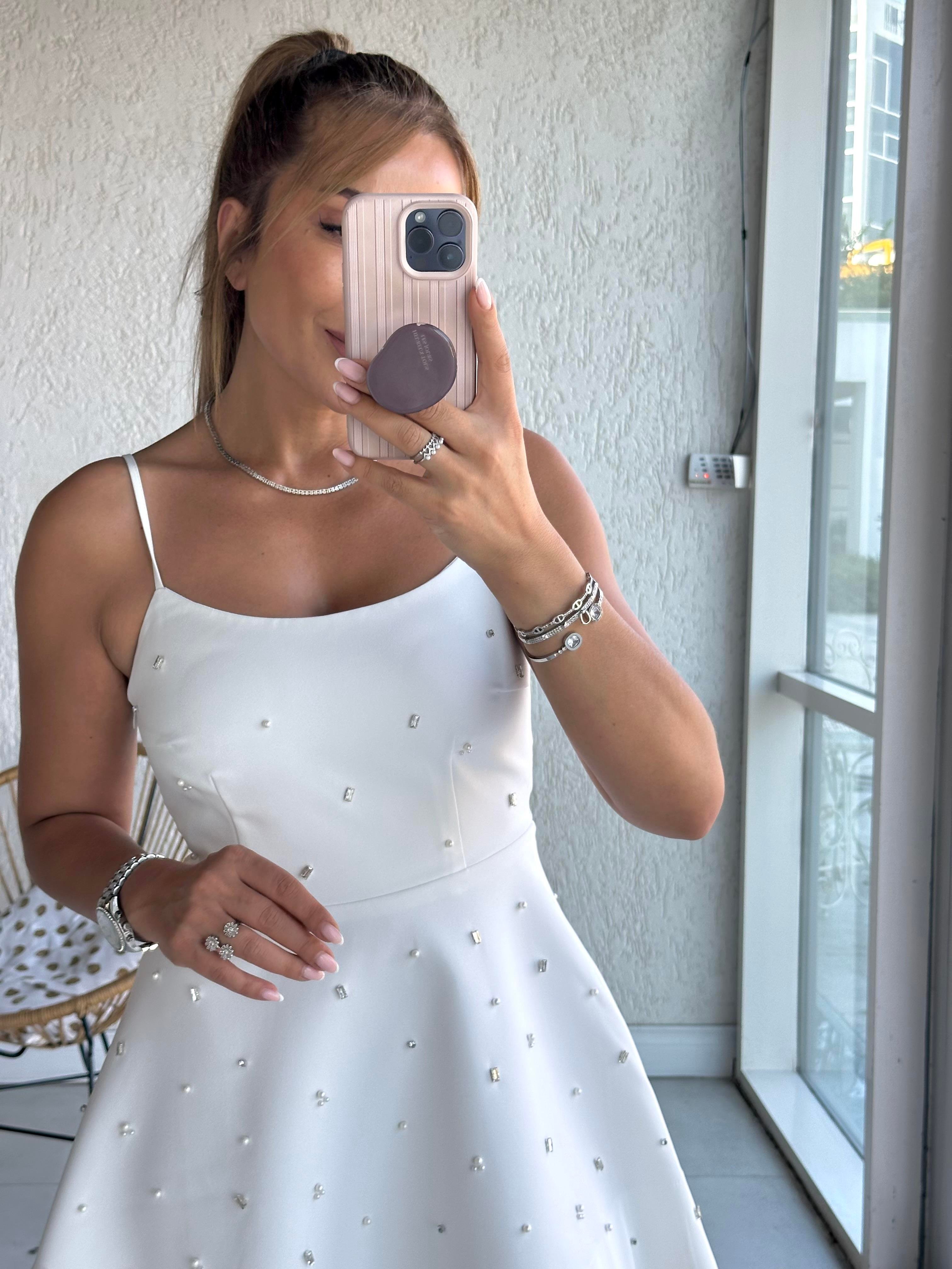 Beyaz Taşlı Askılı Mini Elbise