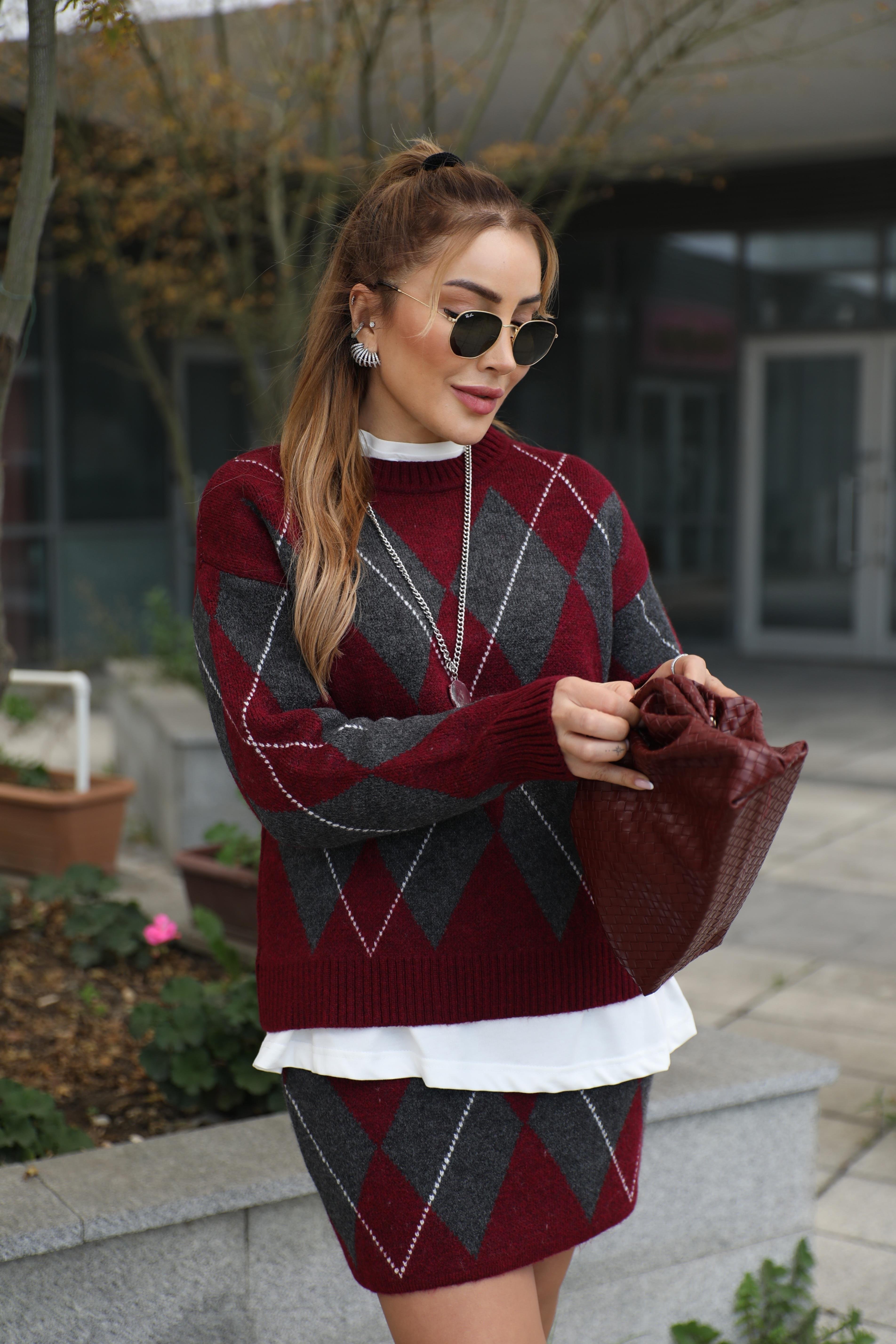 Bordo Antrasit Baklava Örme Takım 