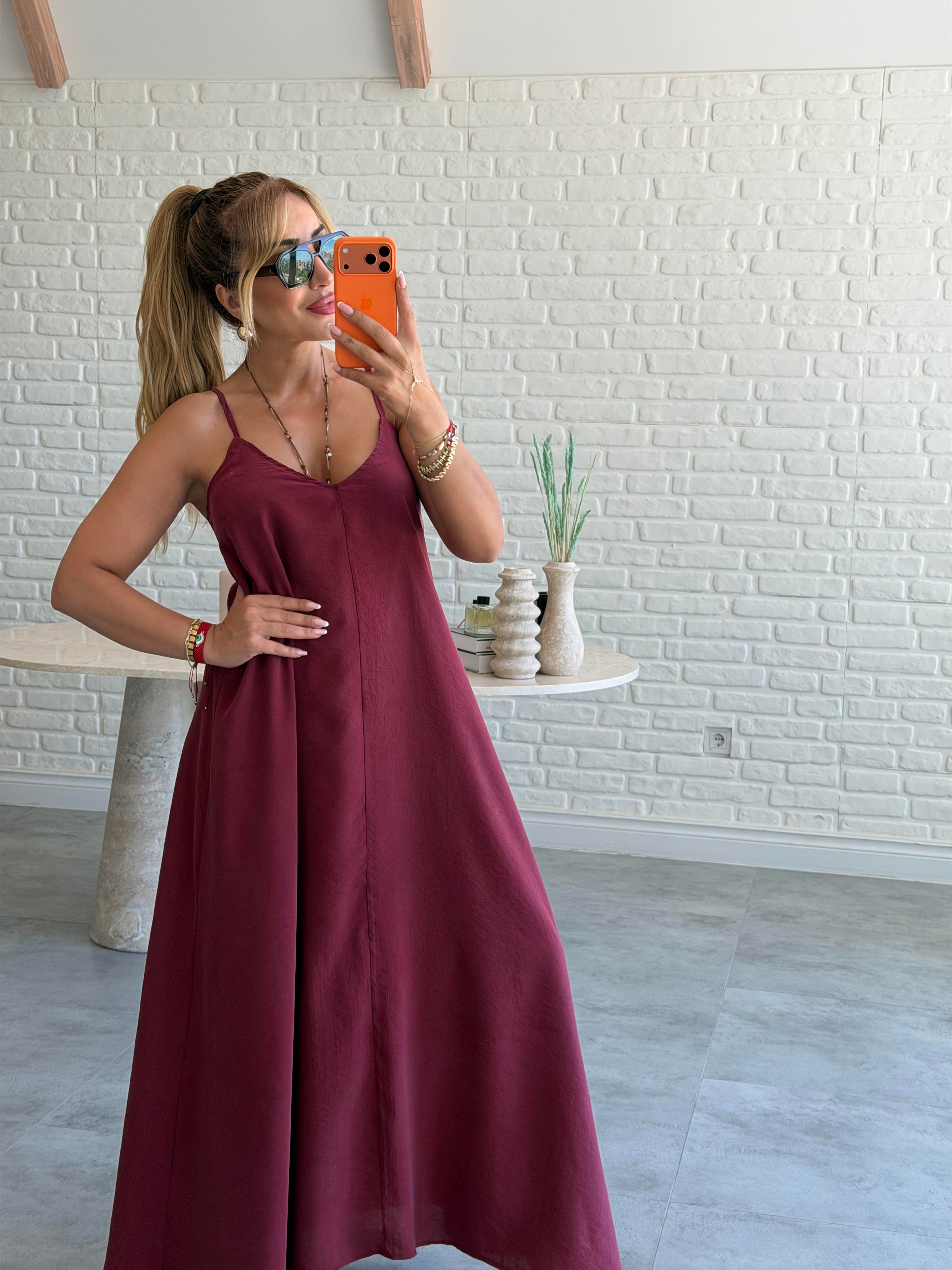 Bordo Askılı Maxi Çan Elbise