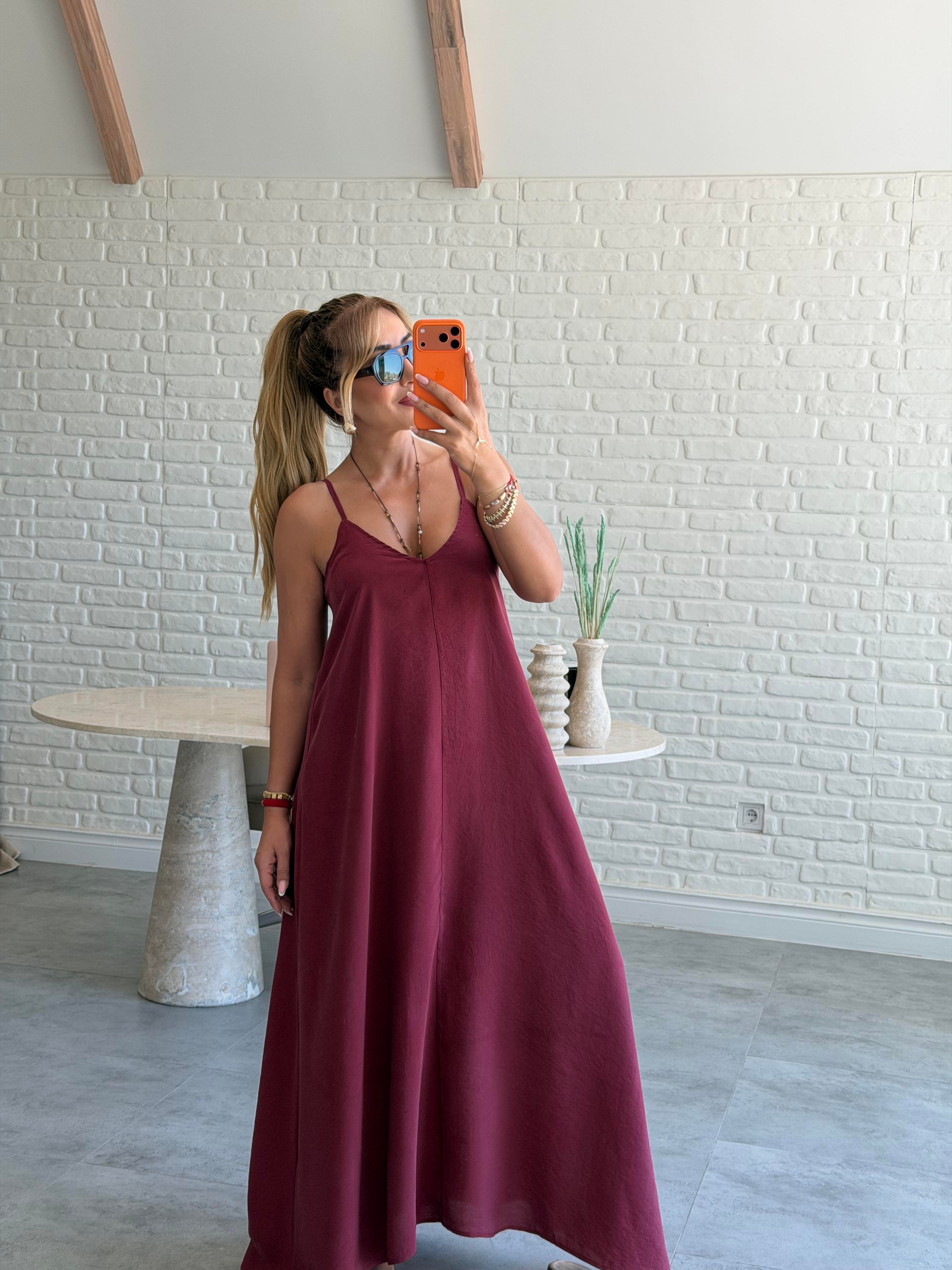 Bordo Askılı Maxi Çan Elbise