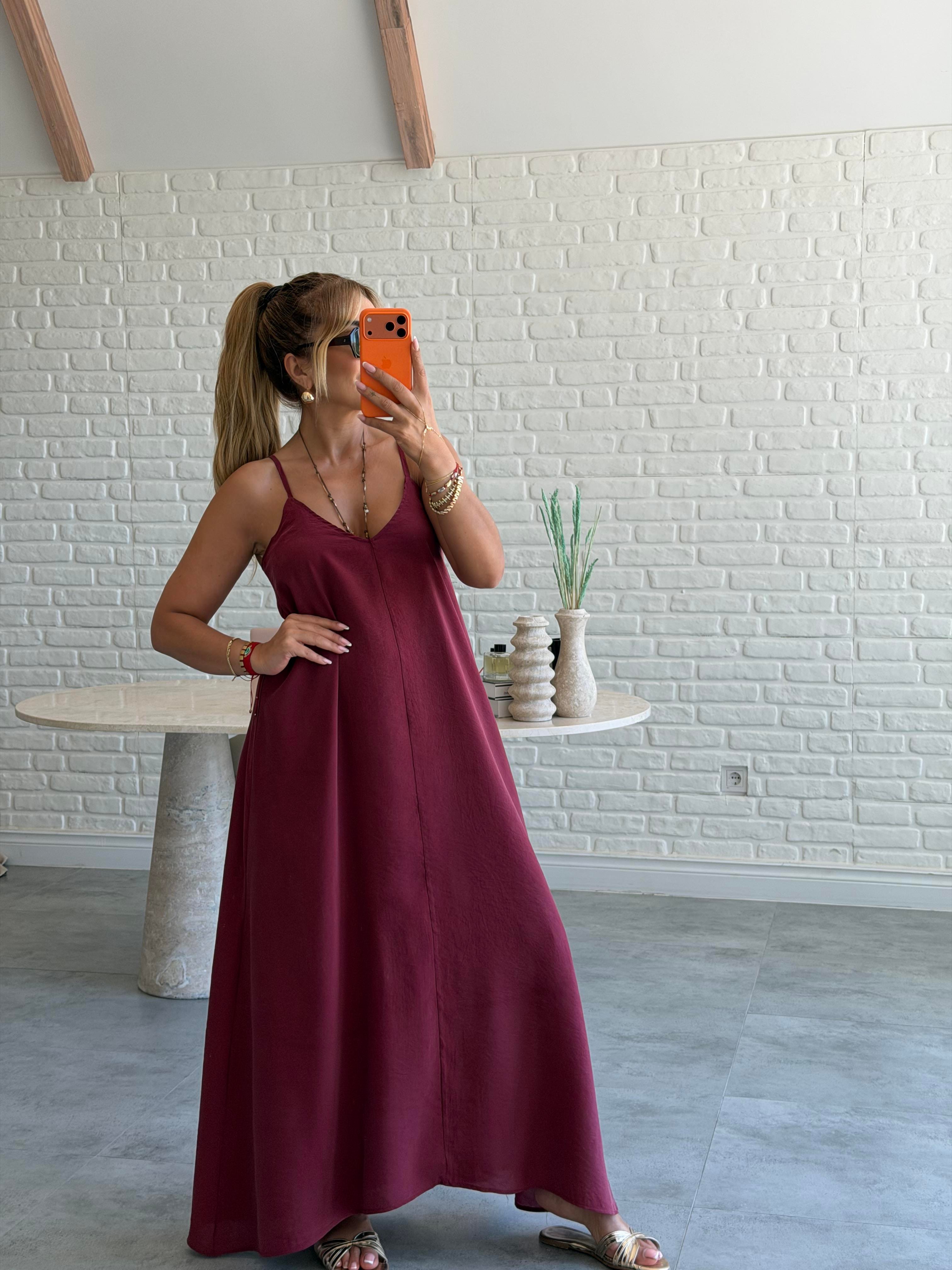 Bordo Askılı Maxi Çan Elbise