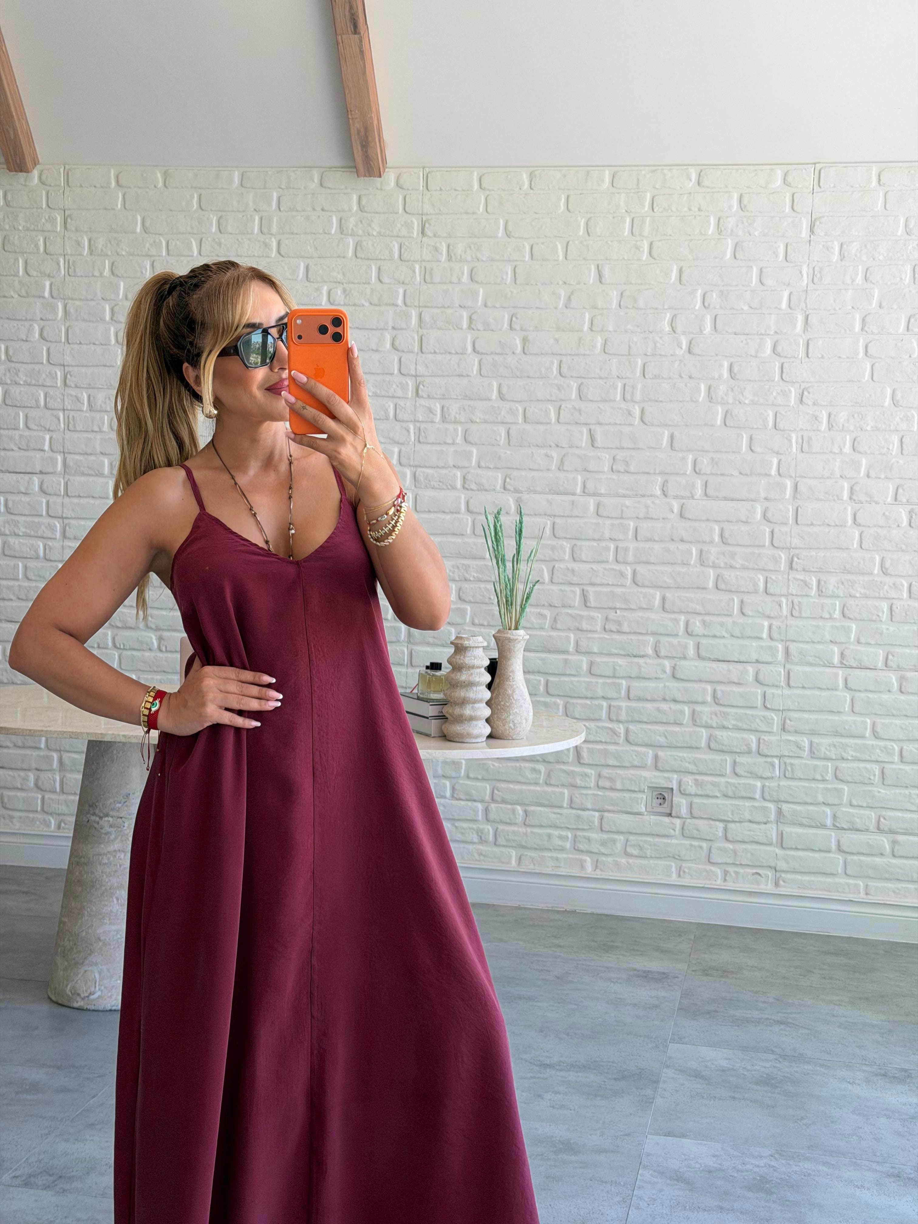 Bordo Askılı Maxi Çan Elbise