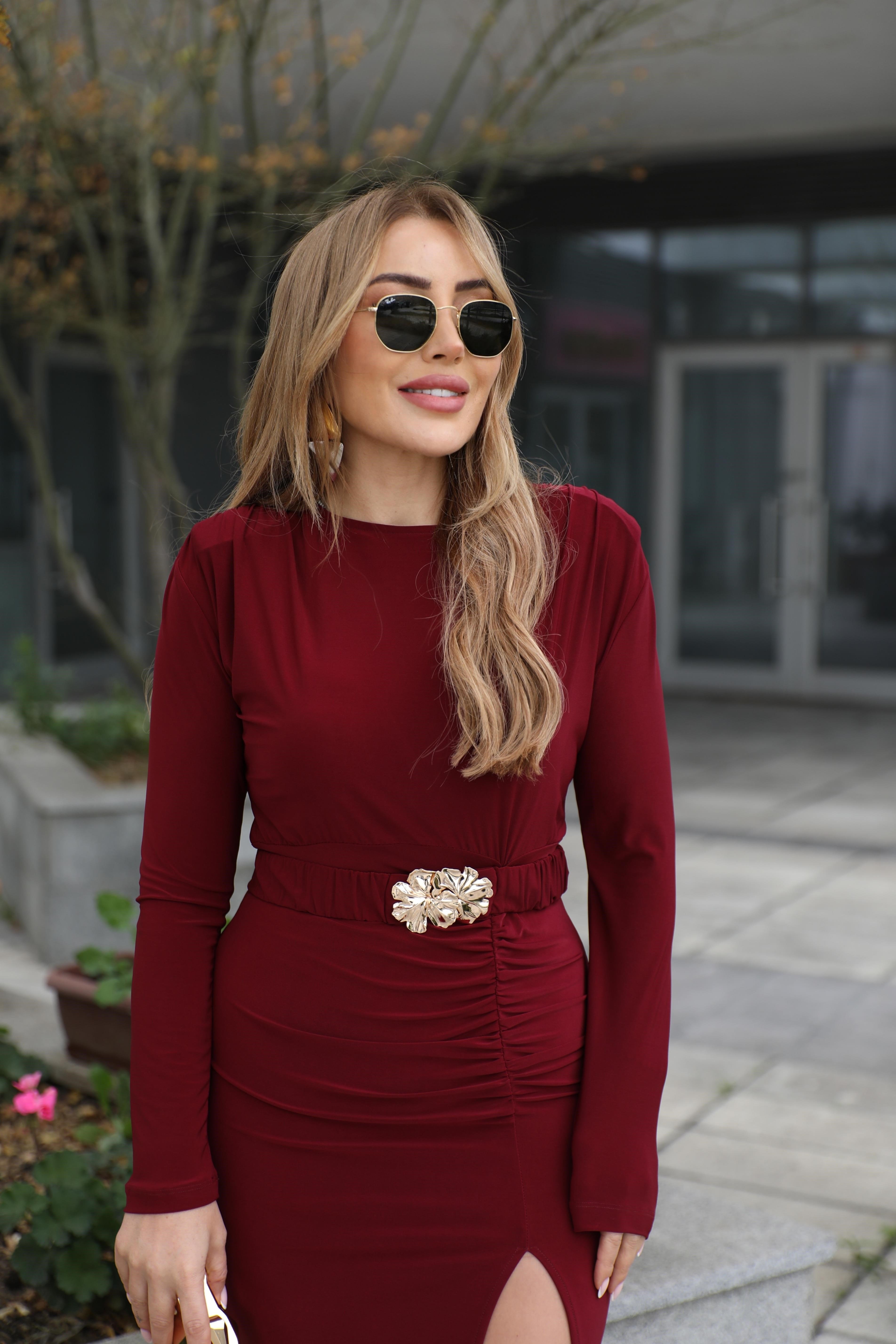 Bordo Büzgü Kemerli Sandy Elbise