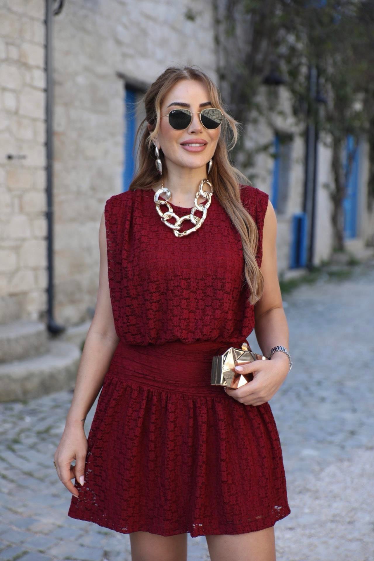 Bordo Dantel Askılı Drapeli Elbise 