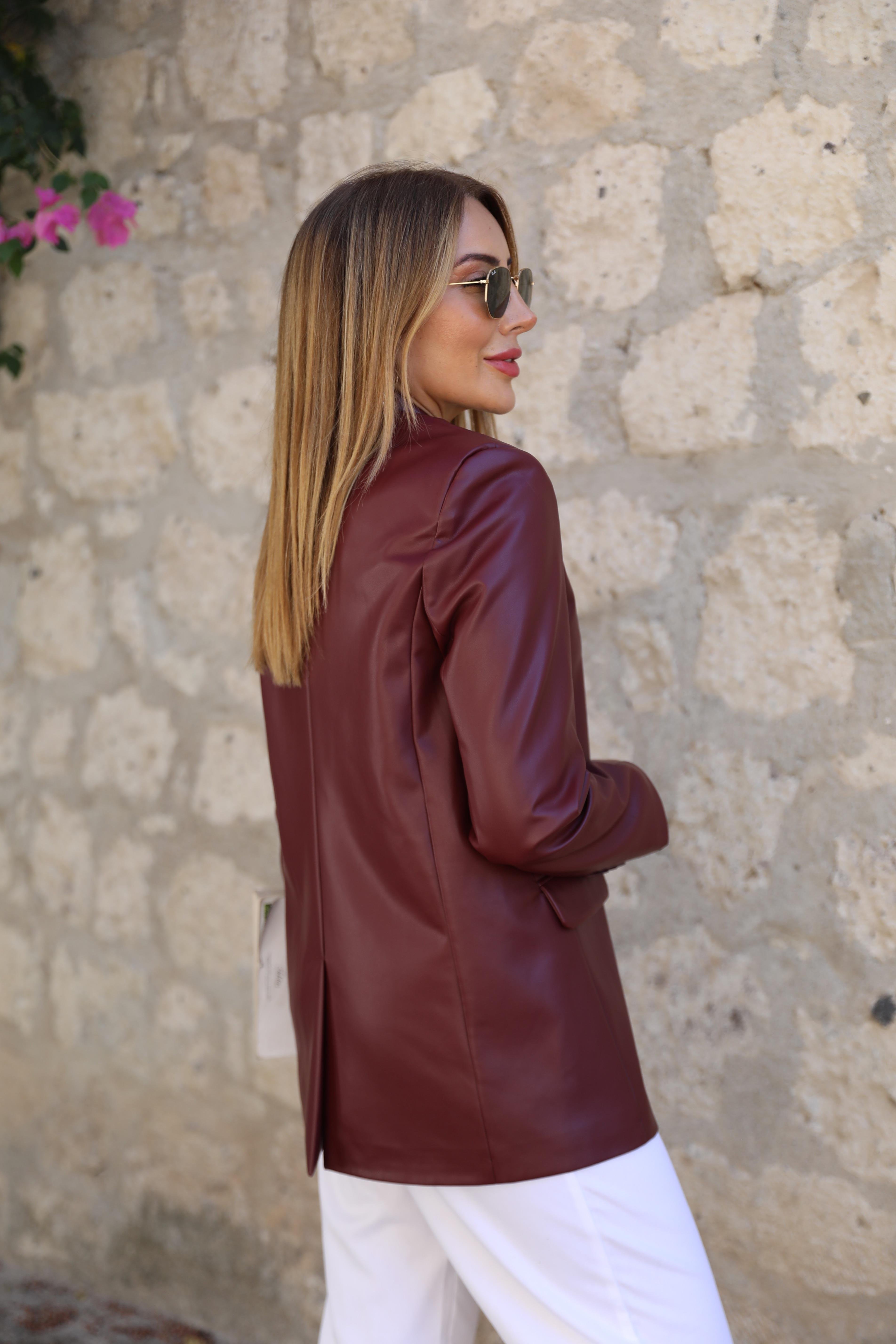 Bordo Deri Blazer Ceket