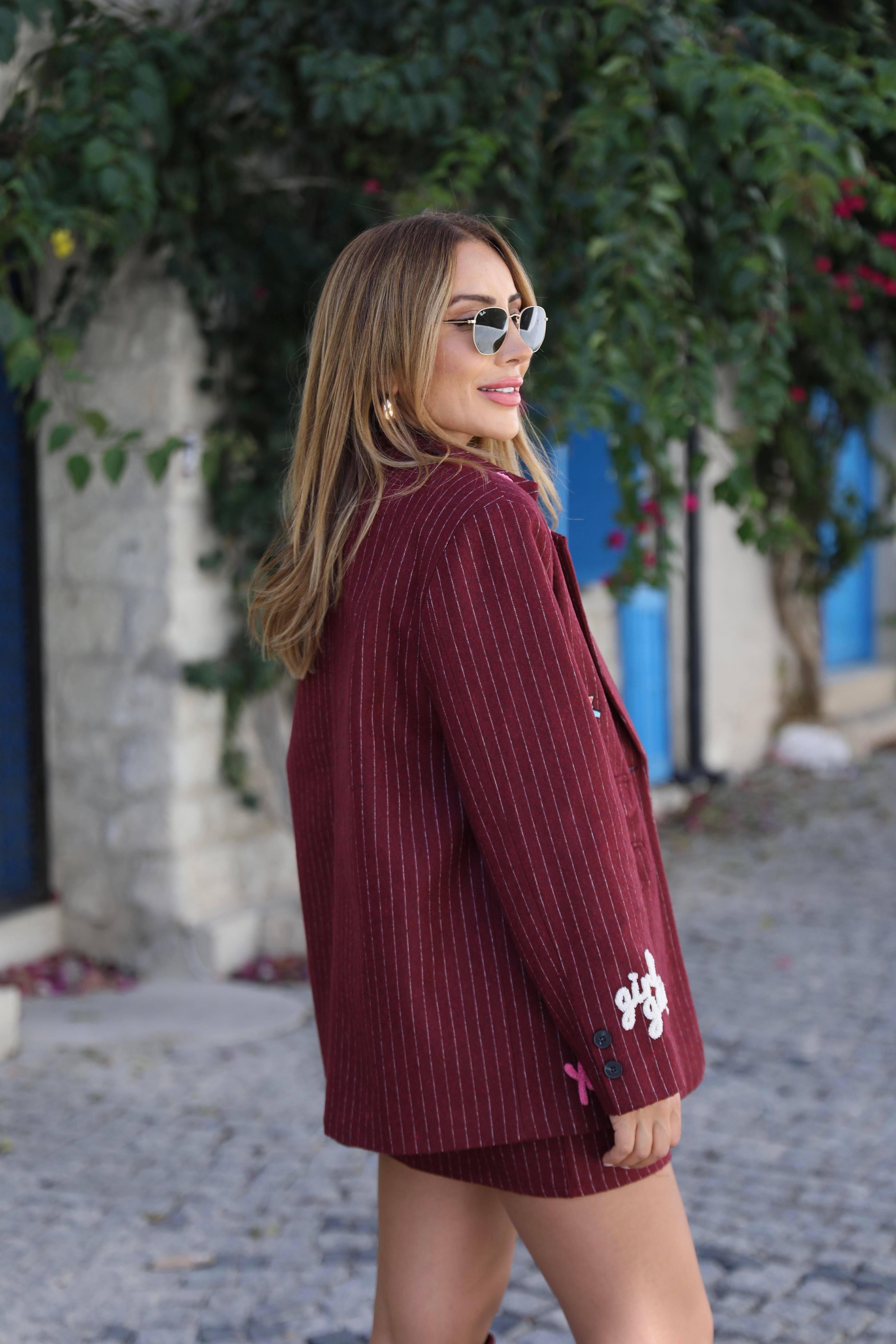Bordo Kaşe Armalı Blazer Ceket