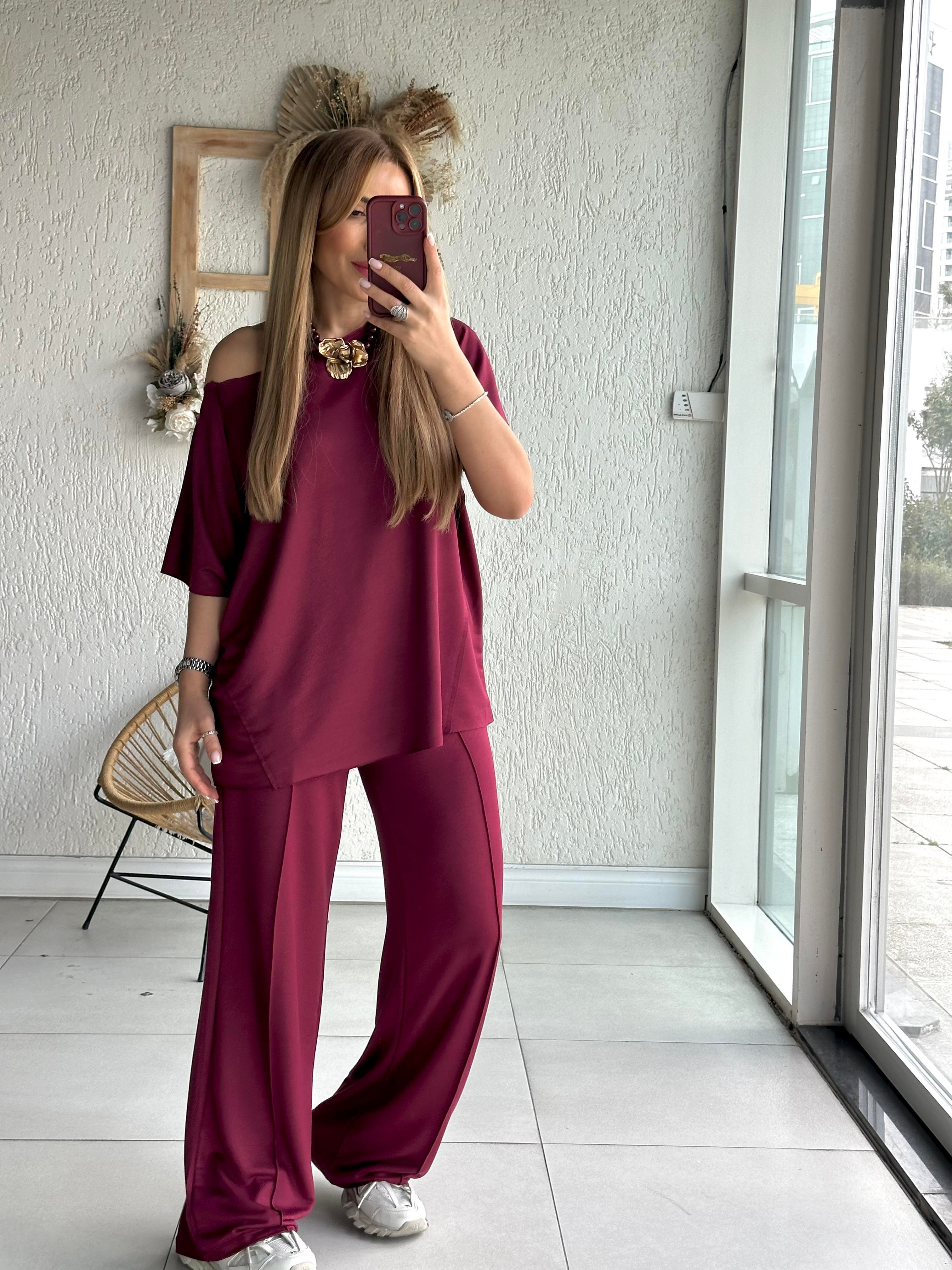 Bordo Kısa Kollu Salaş Takım