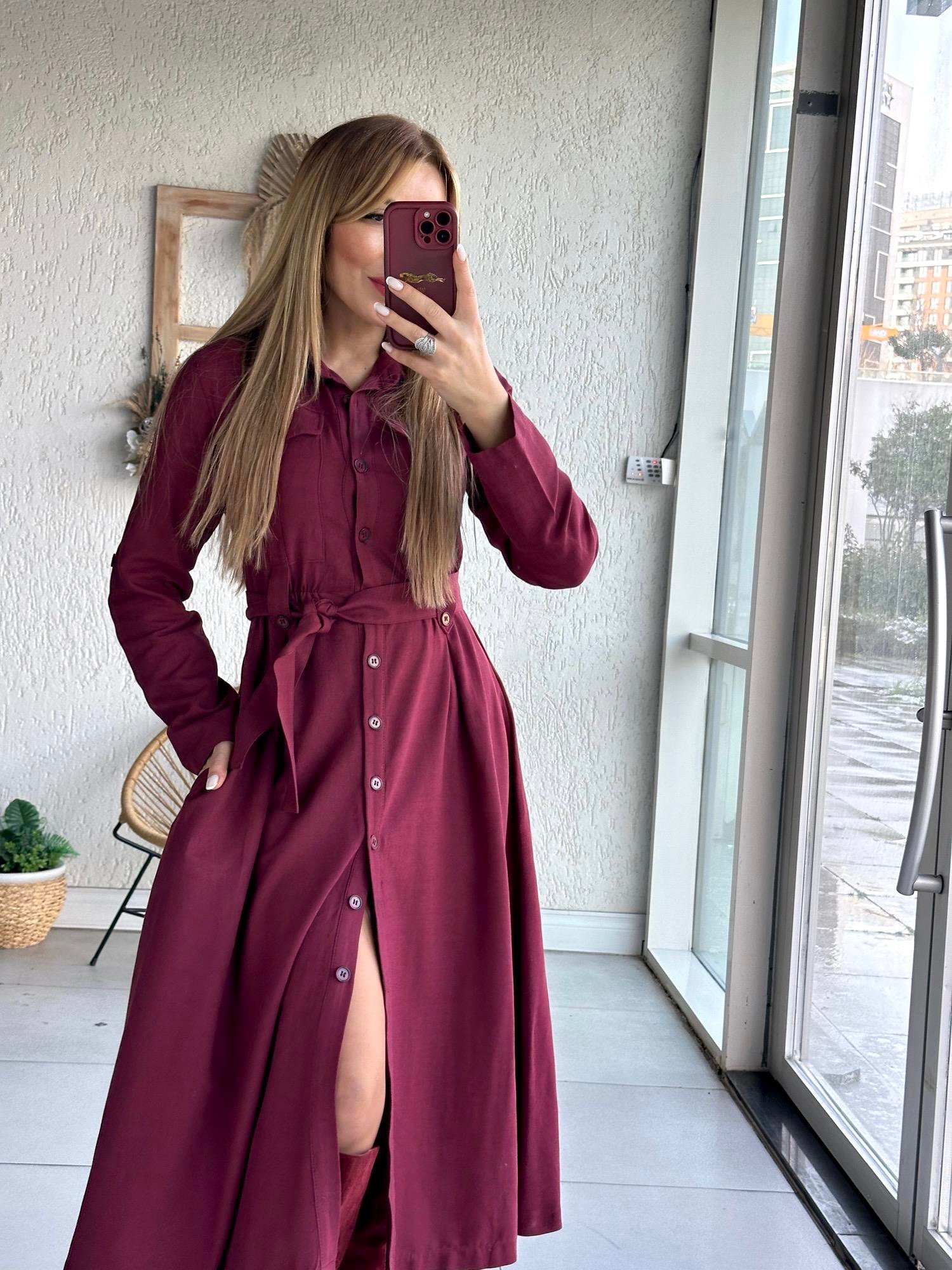 Bordo Kuşaklı Gömlek Elbise