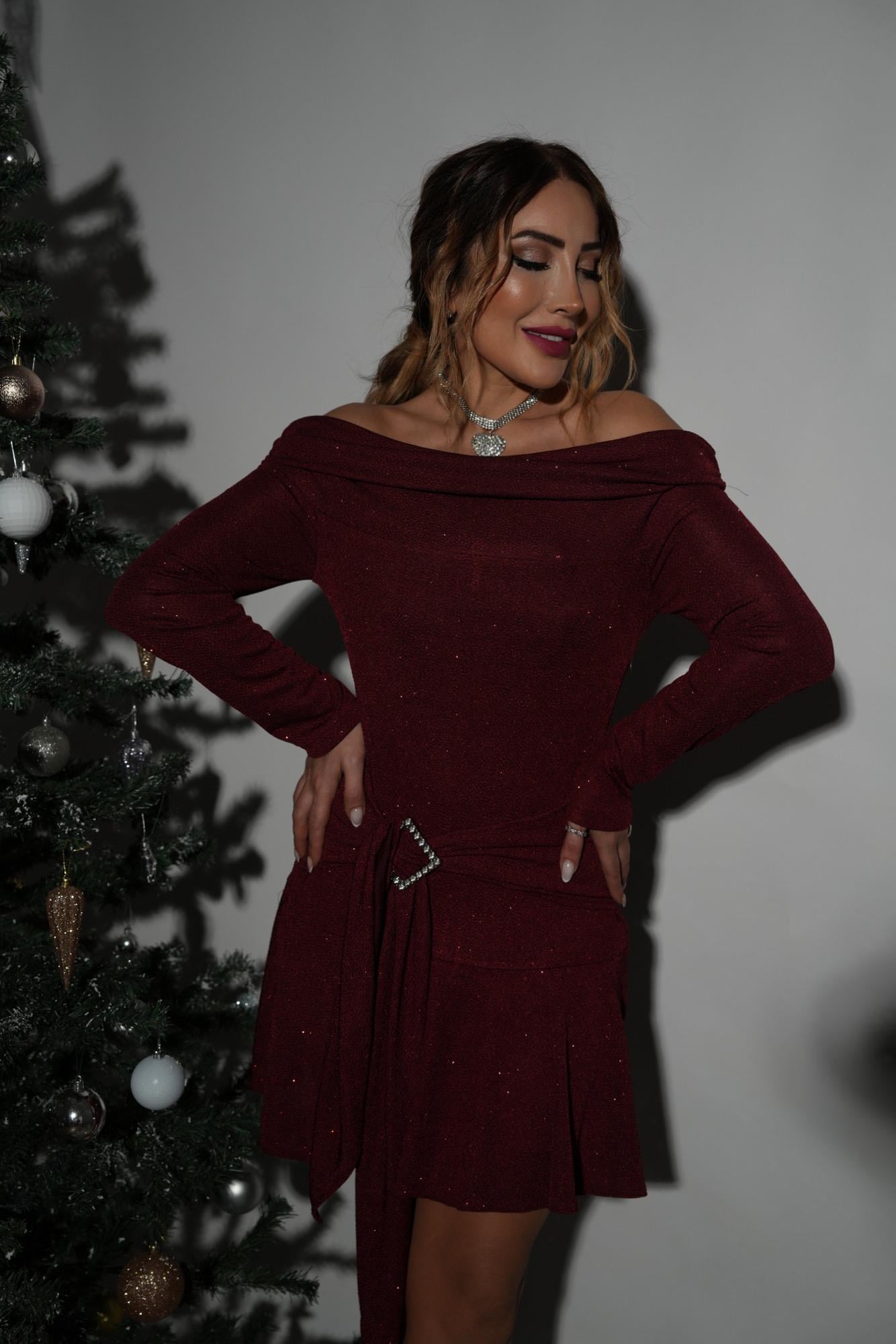 Bordo Madonna Taş Kemerli Elbise