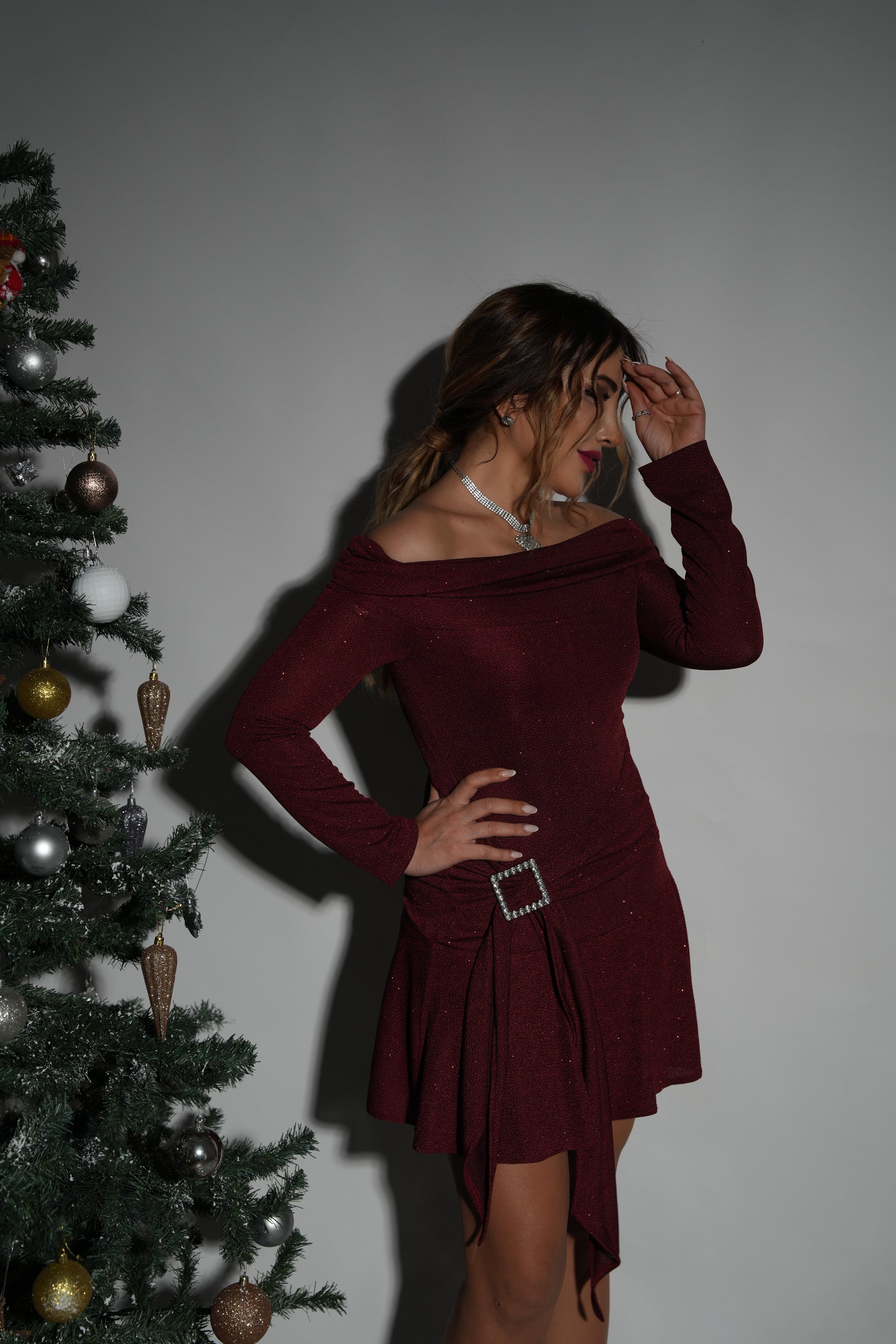 Bordo Madonna Taş Kemerli Elbise