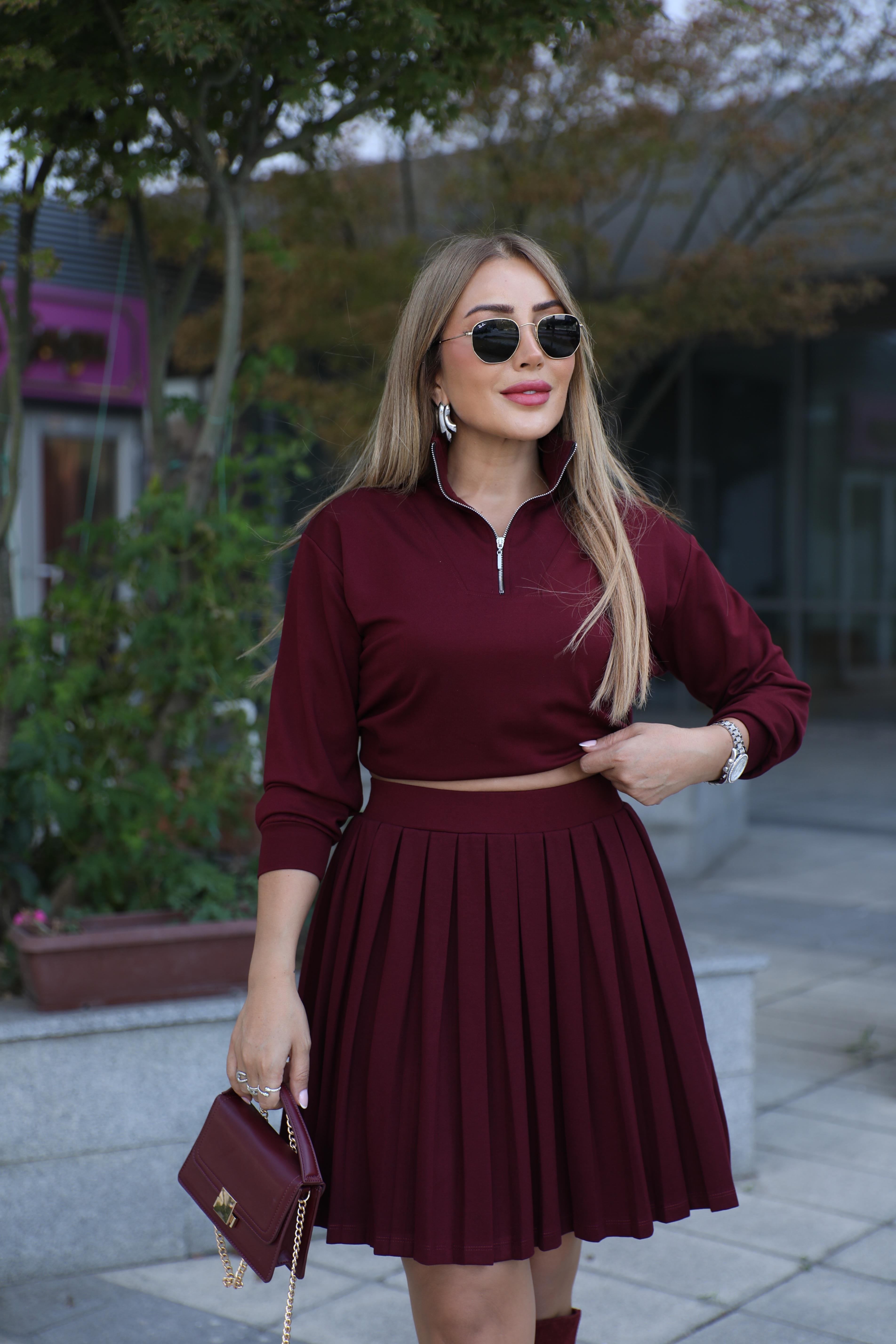 Bordo Piliseli Etek Sweat Takım