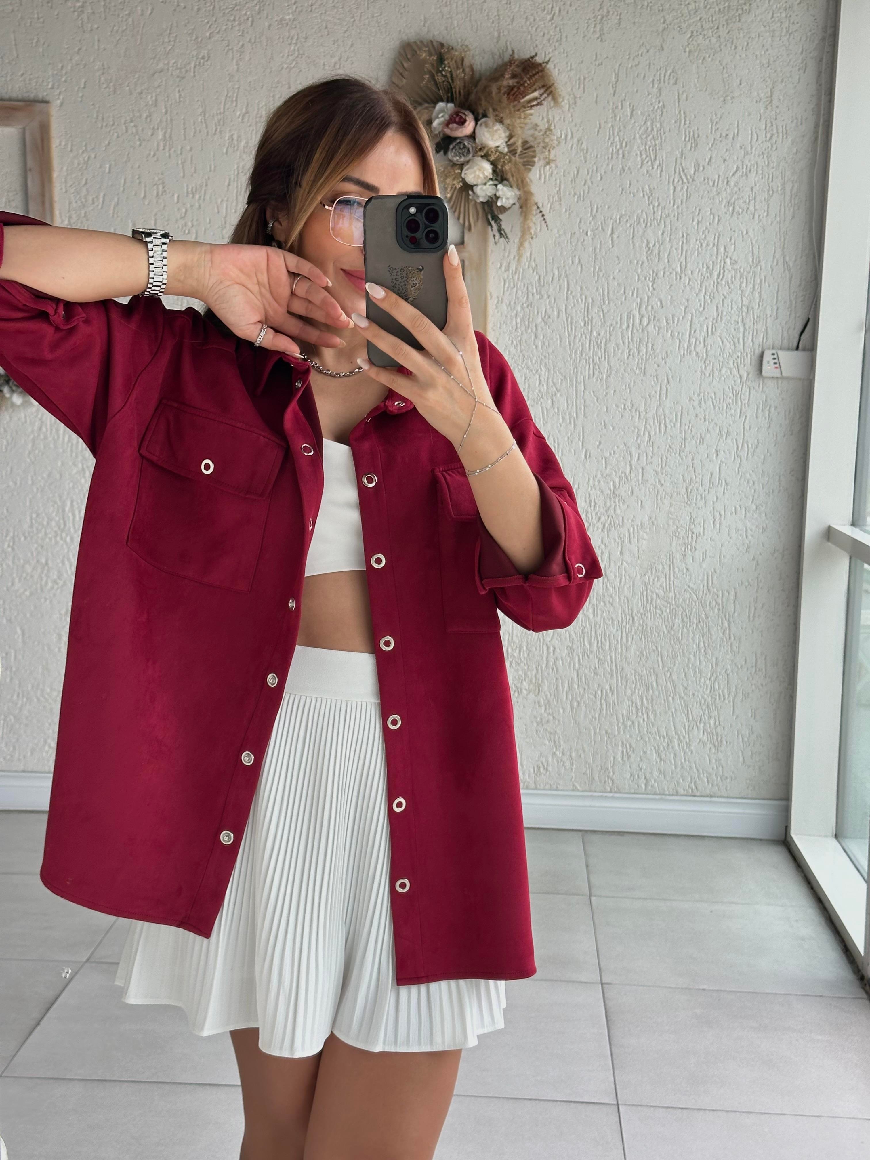 Bordo Süet Oversize Gömlek Ceket