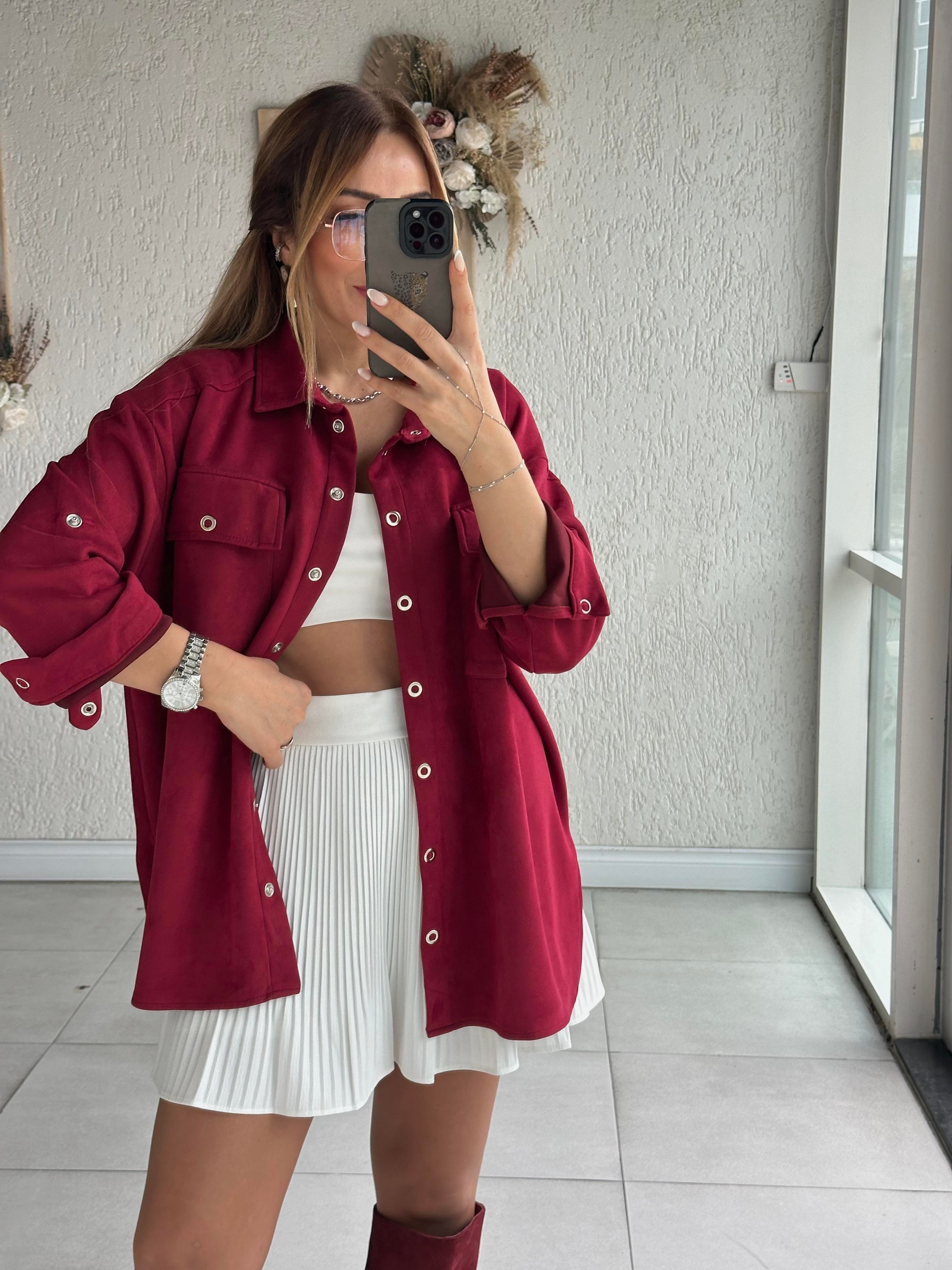 Bordo Süet Oversize Gömlek Ceket