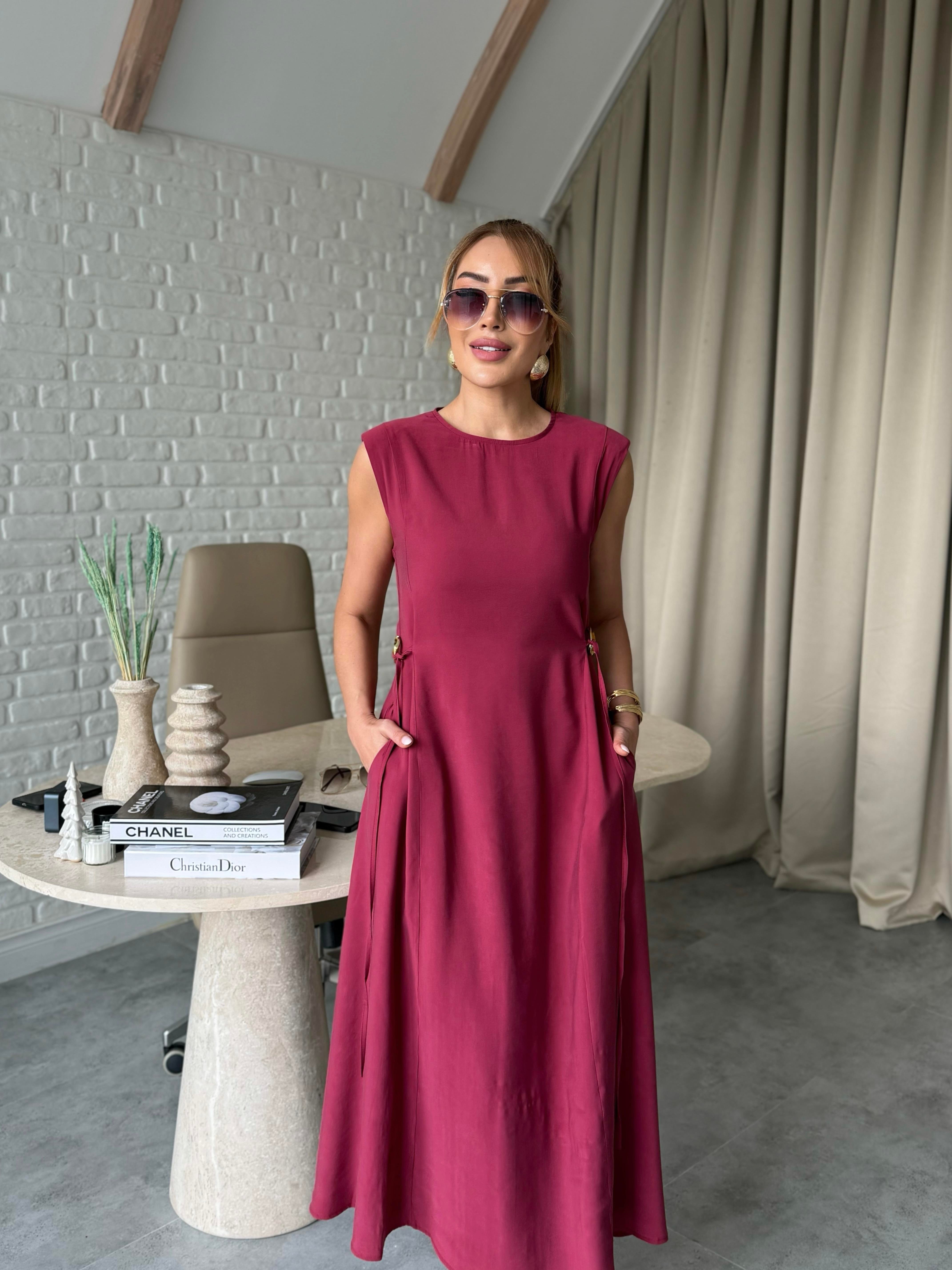 Bordo Toka Detaylı Dokuma Elbise