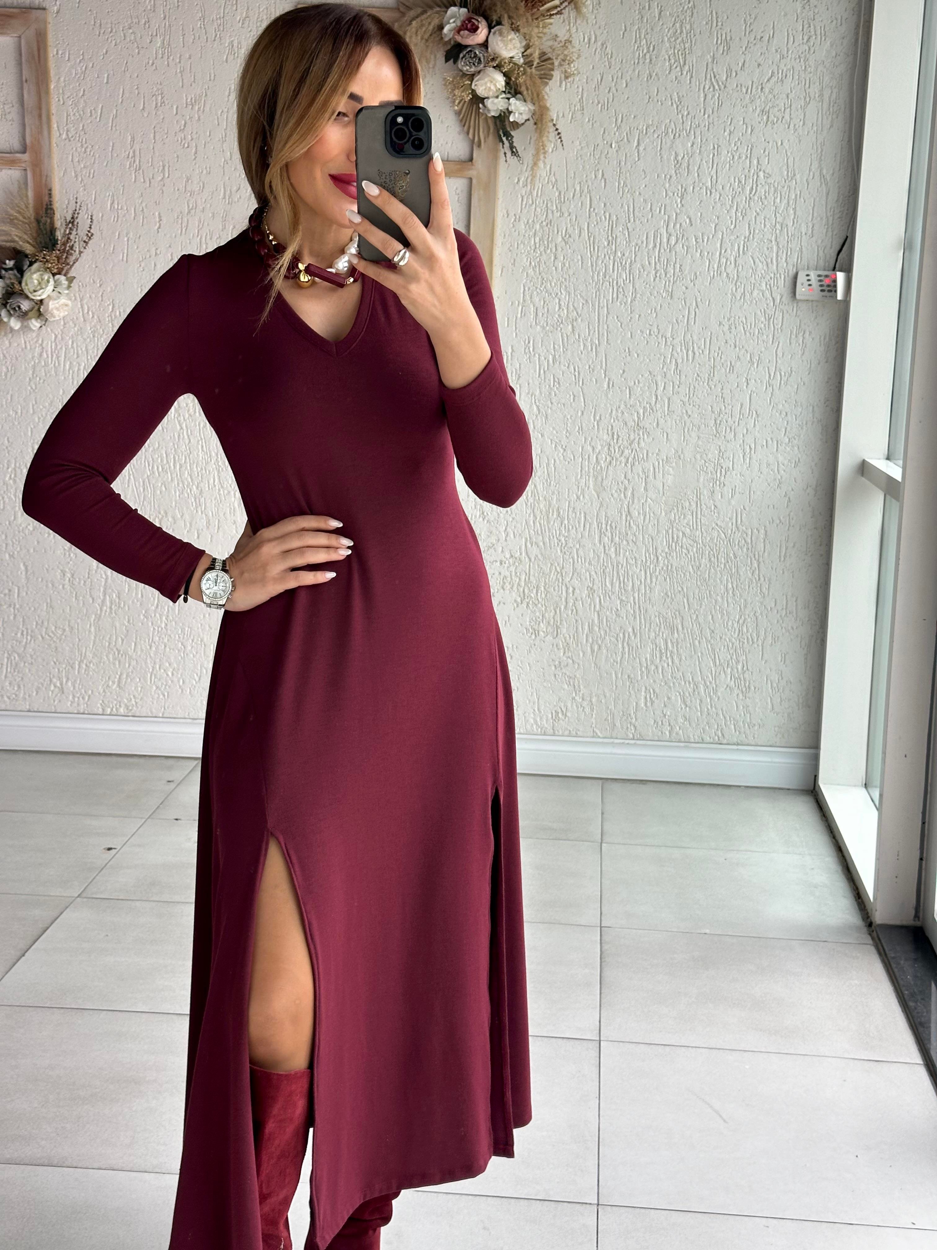 Bordo V Yaka Çift Yırtmaçlı Triko Elbise