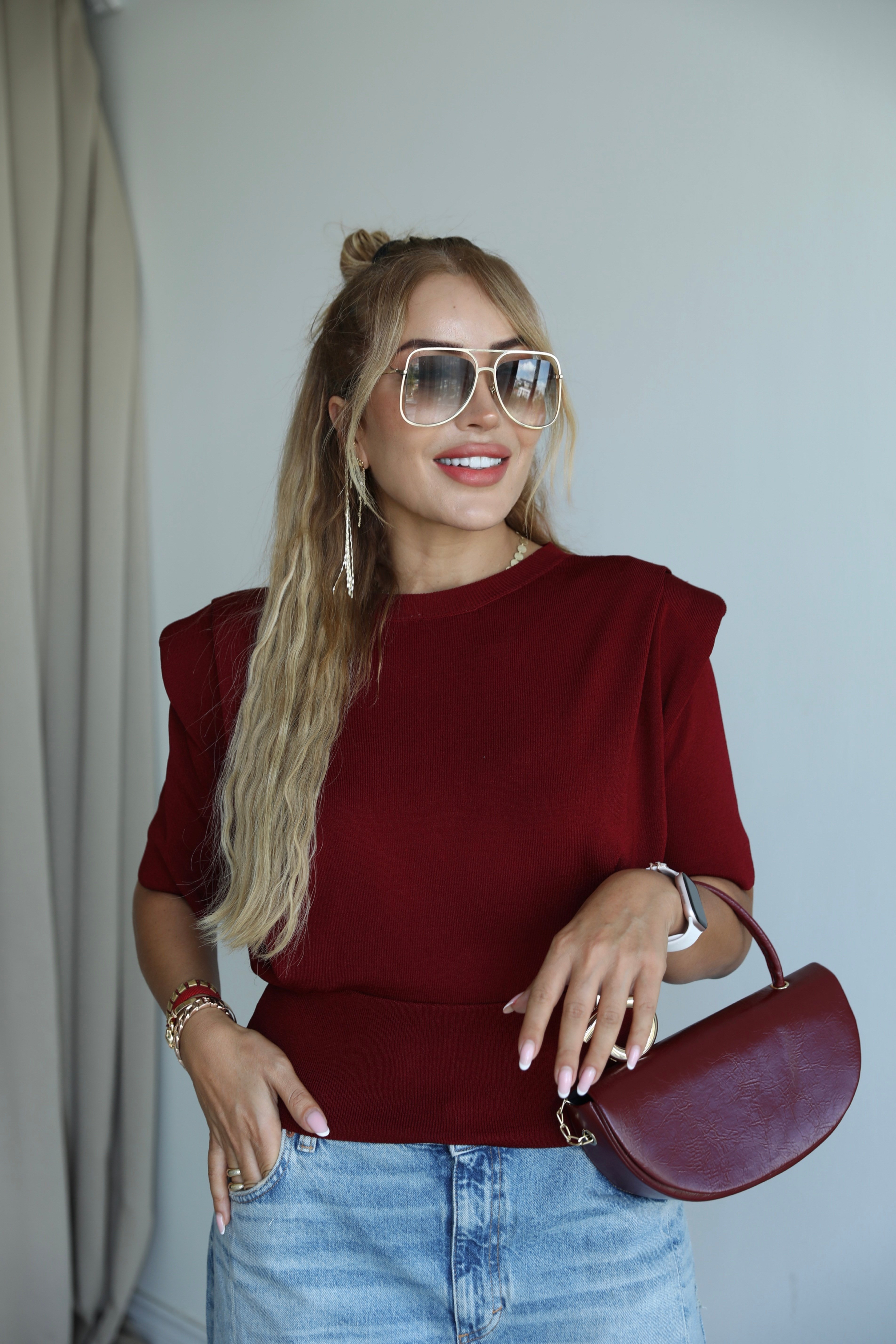 Bordo Vatkalı Triko Bluz