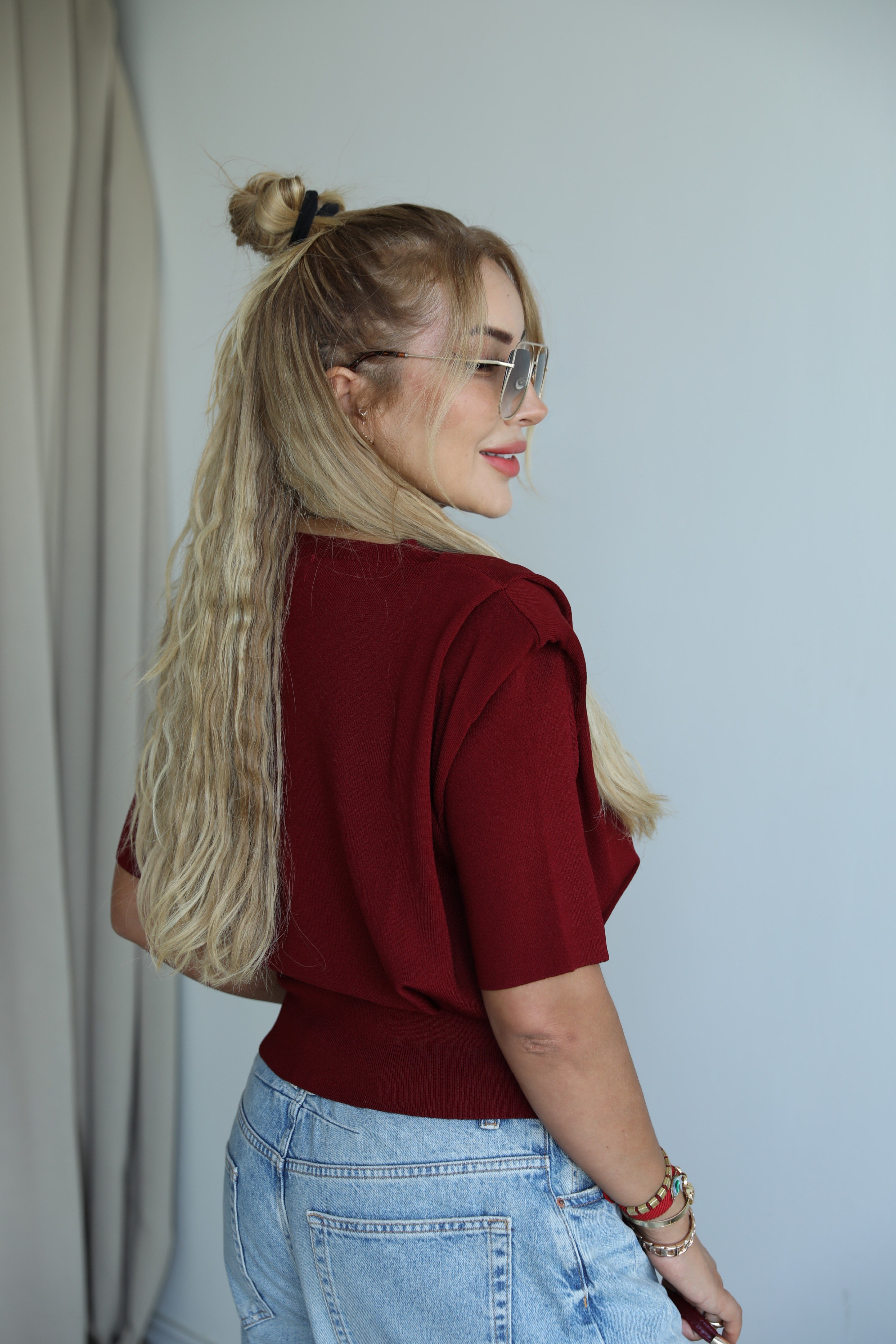 Bordo Vatkalı Triko Bluz