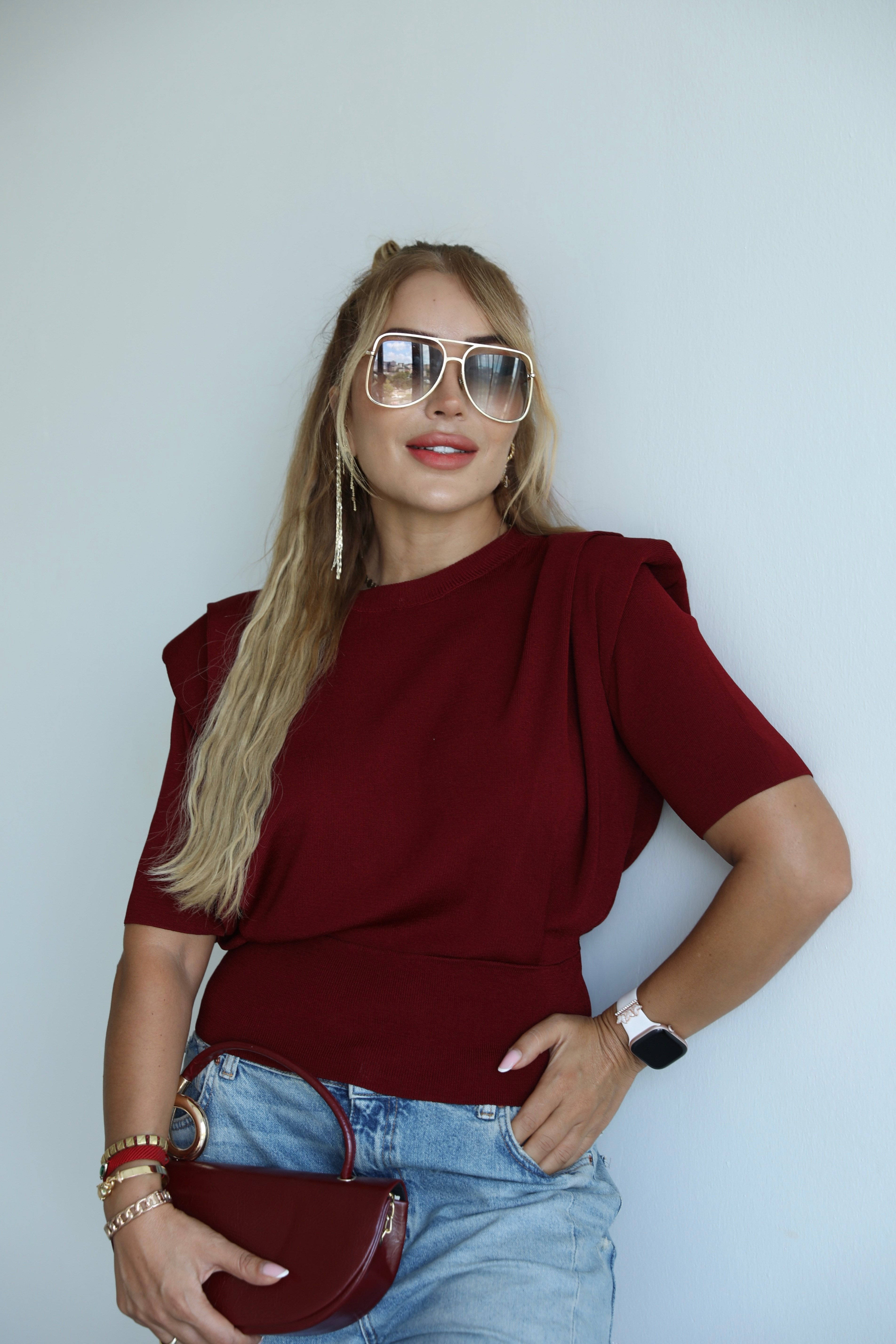 Bordo Vatkalı Triko Bluz