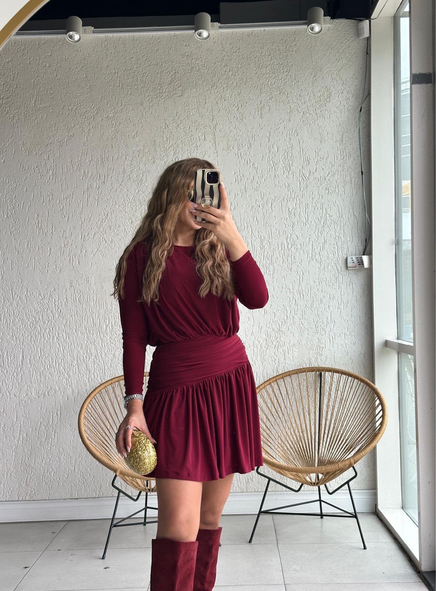 Bordo Volanlı Sandy Elbise