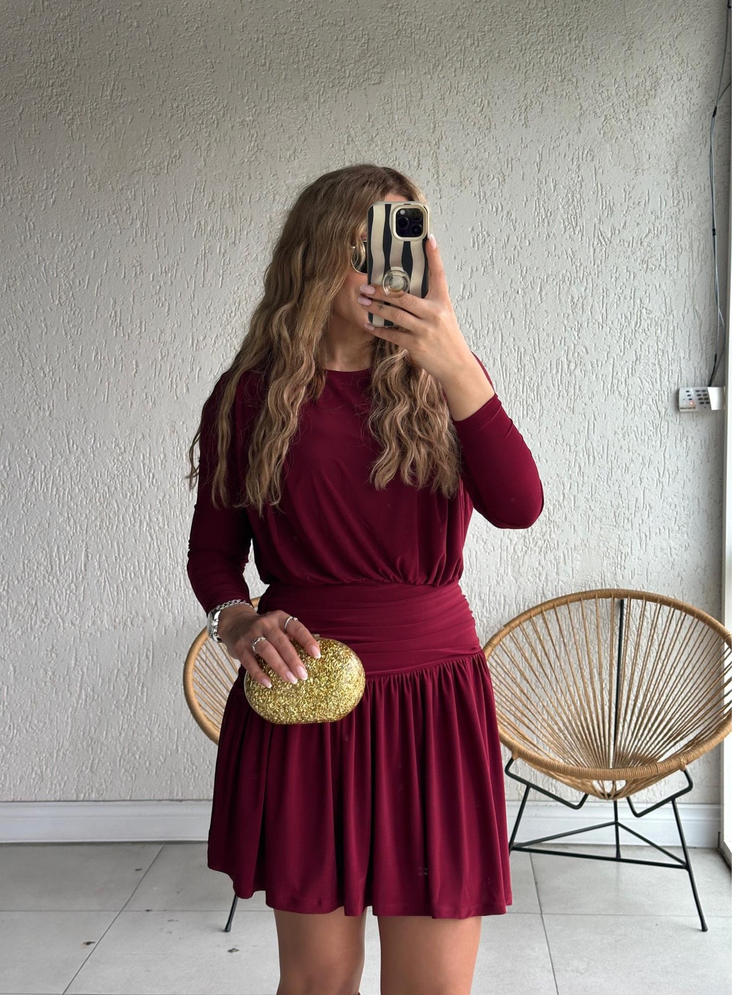 Bordo Volanlı Sandy Elbise
