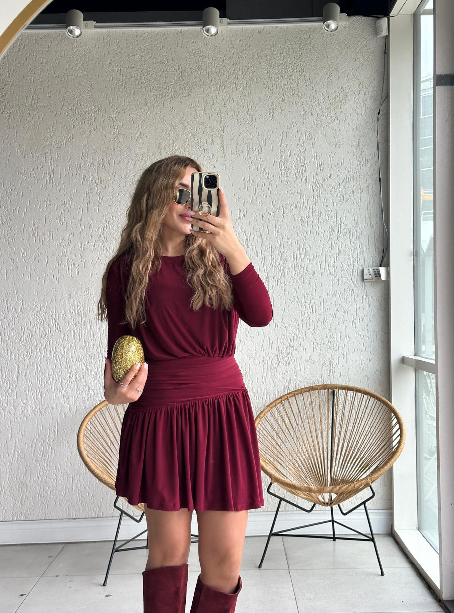 Bordo Volanlı Sandy Elbise