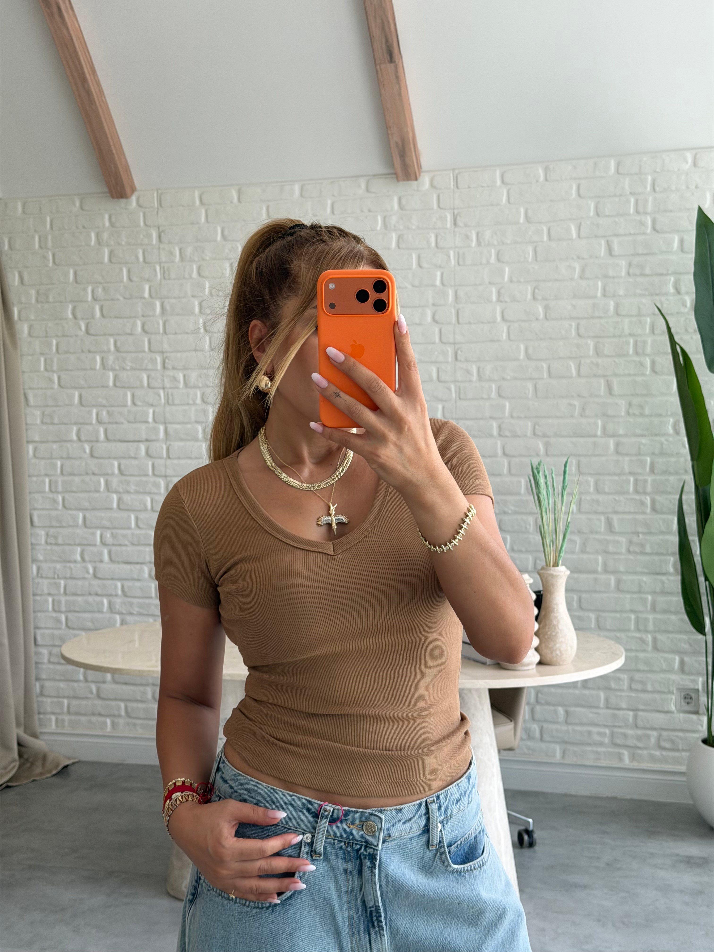 Camel Fitilli V Yaka T-shirt 