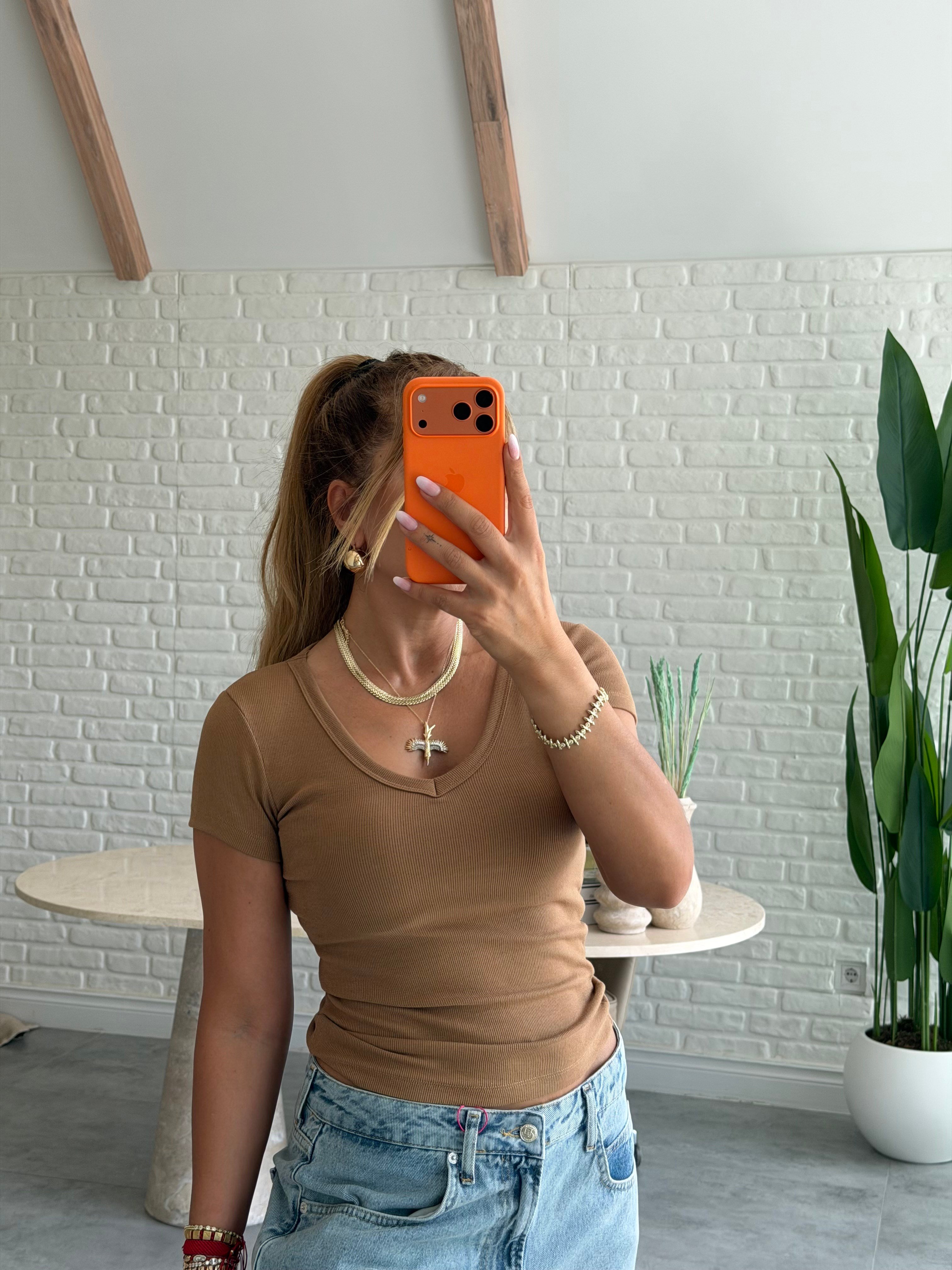Camel Fitilli V Yaka T-shirt 
