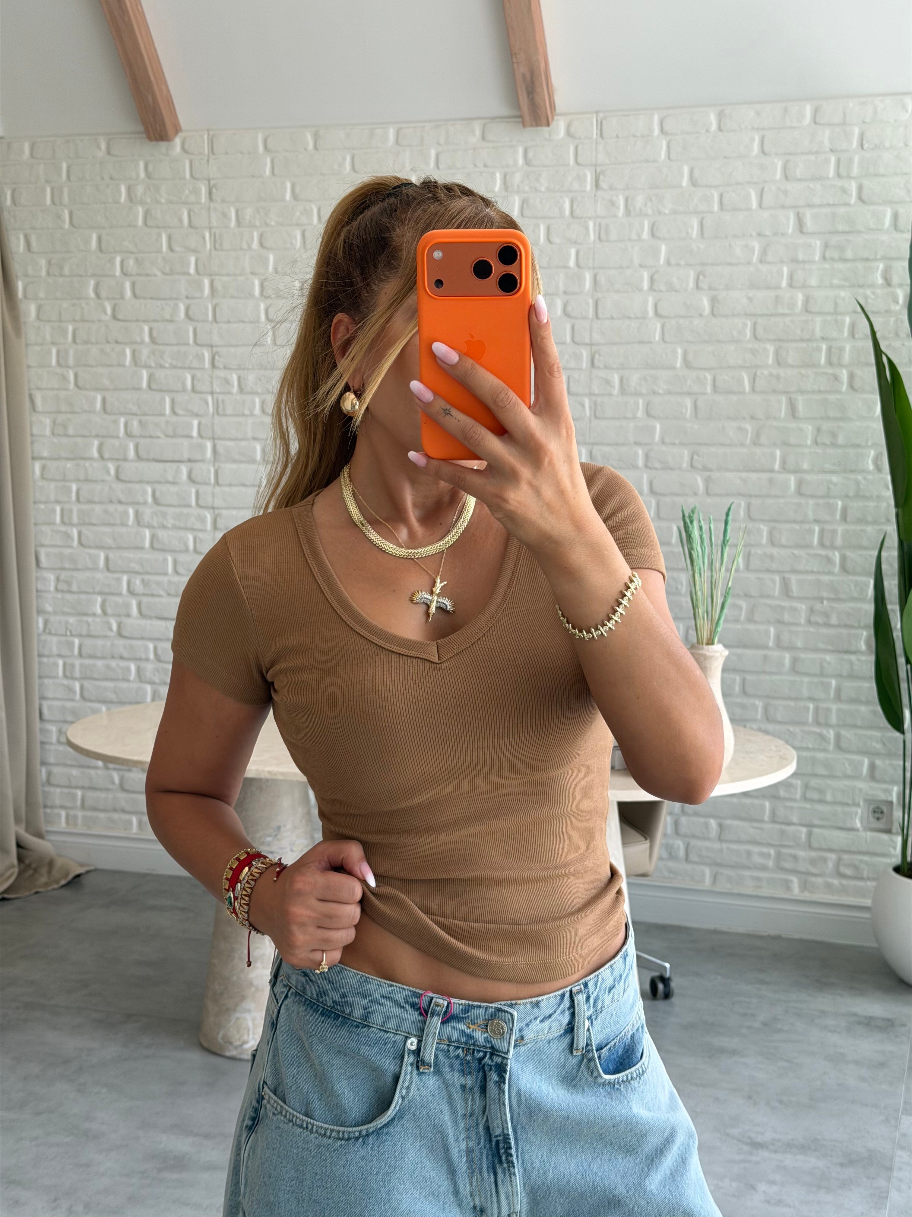 Camel Fitilli V Yaka T-shirt 