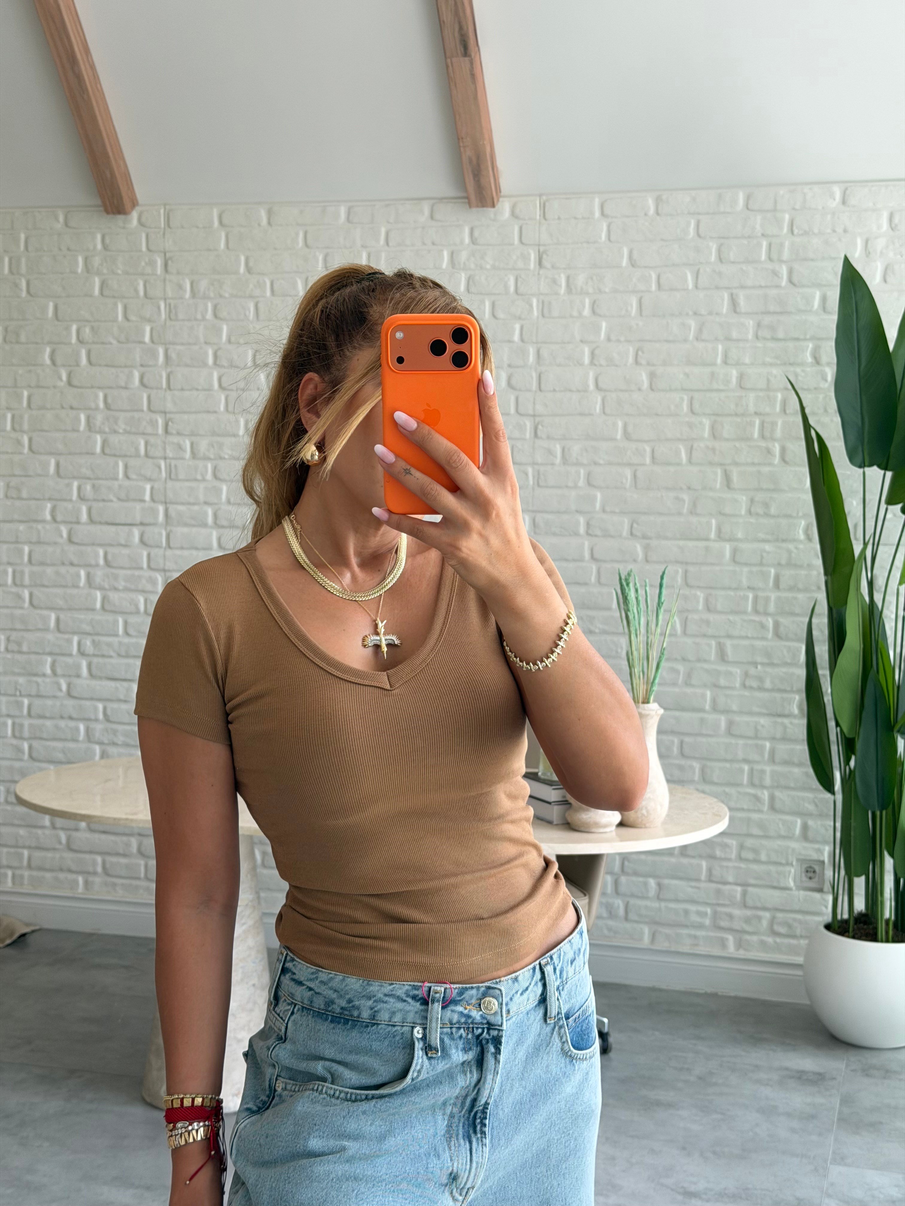 Camel Fitilli V Yaka T-shirt 