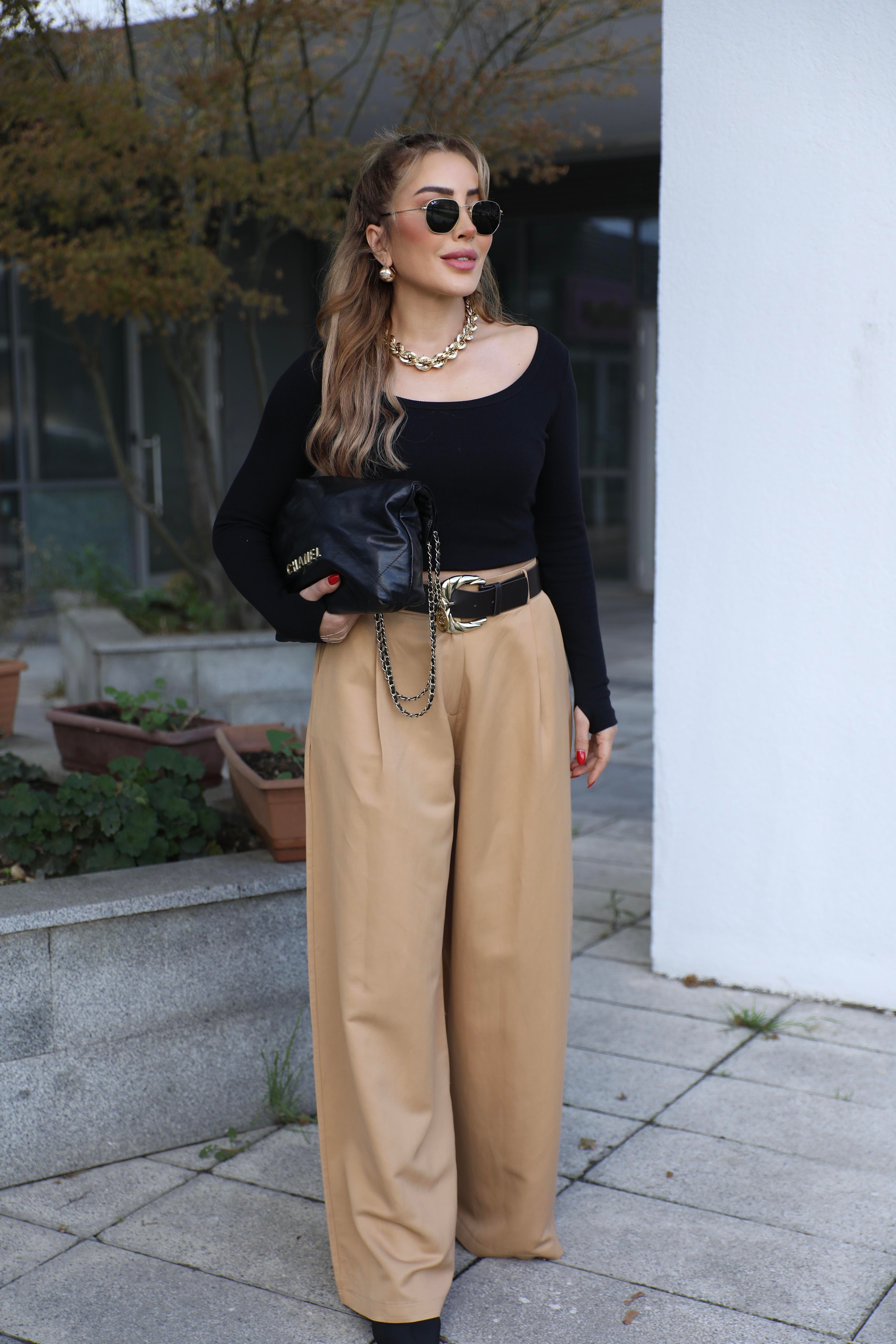 Camel Pileli Kemerli Palazzo Pantolon 