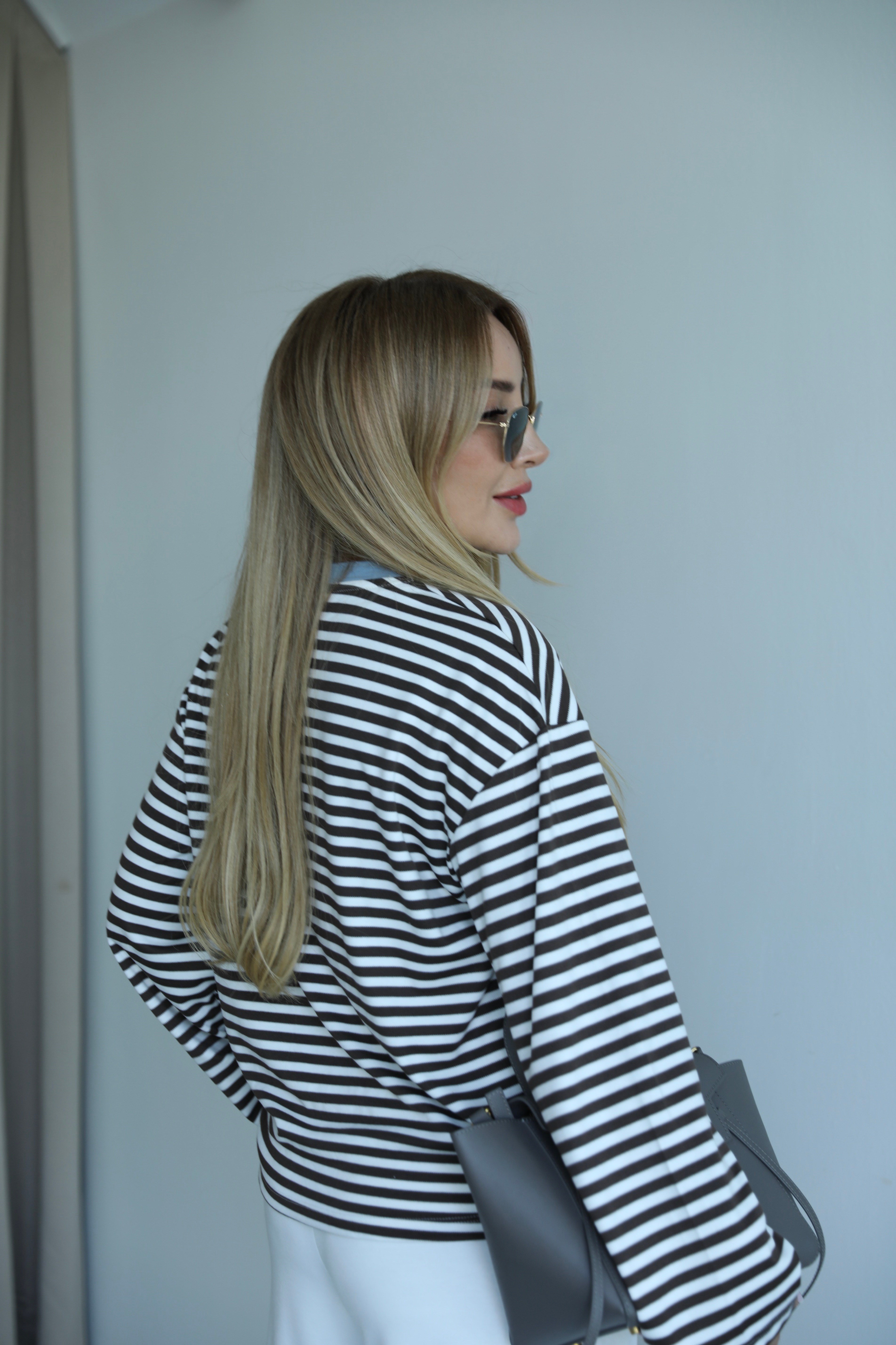 Çizgili Mavi Biyeli Basic T-shirt