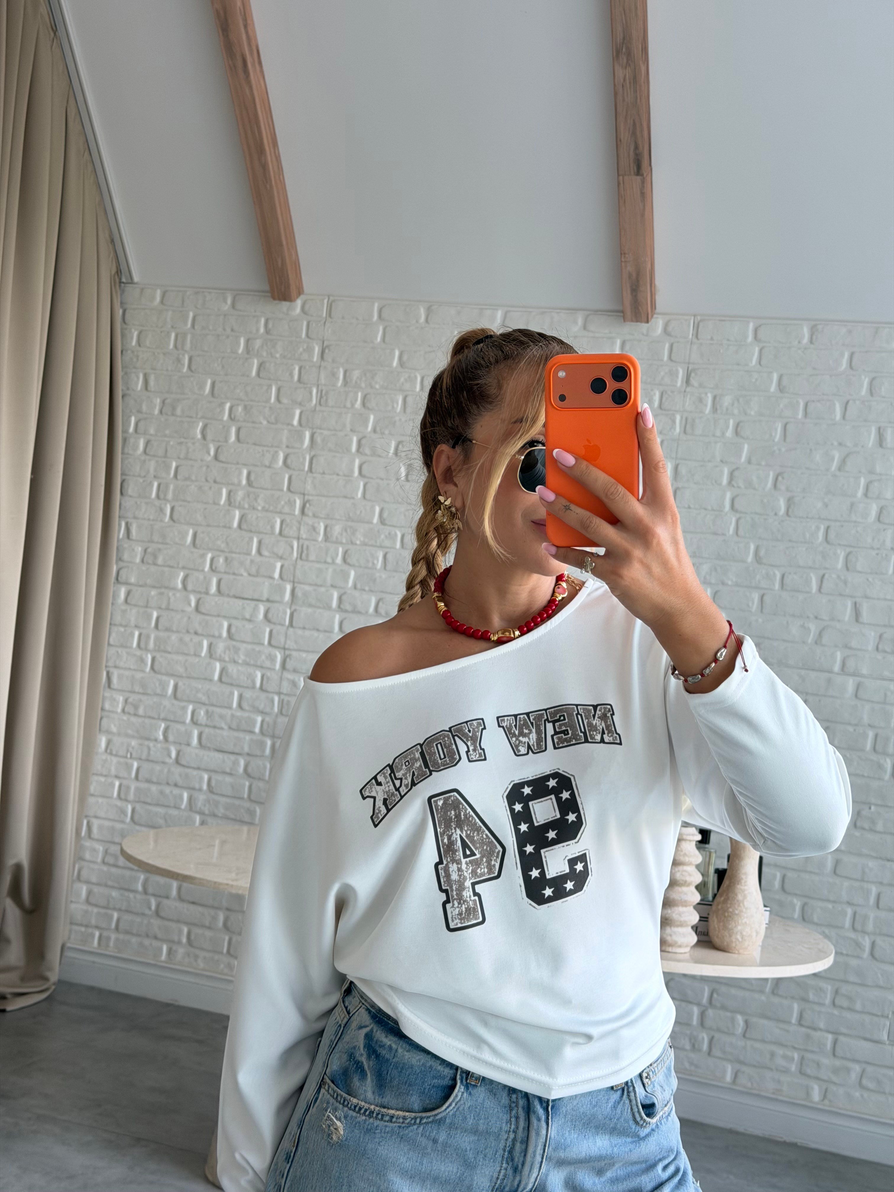 Ekru 94 Baskılı Uzun Kollu T-shirt 