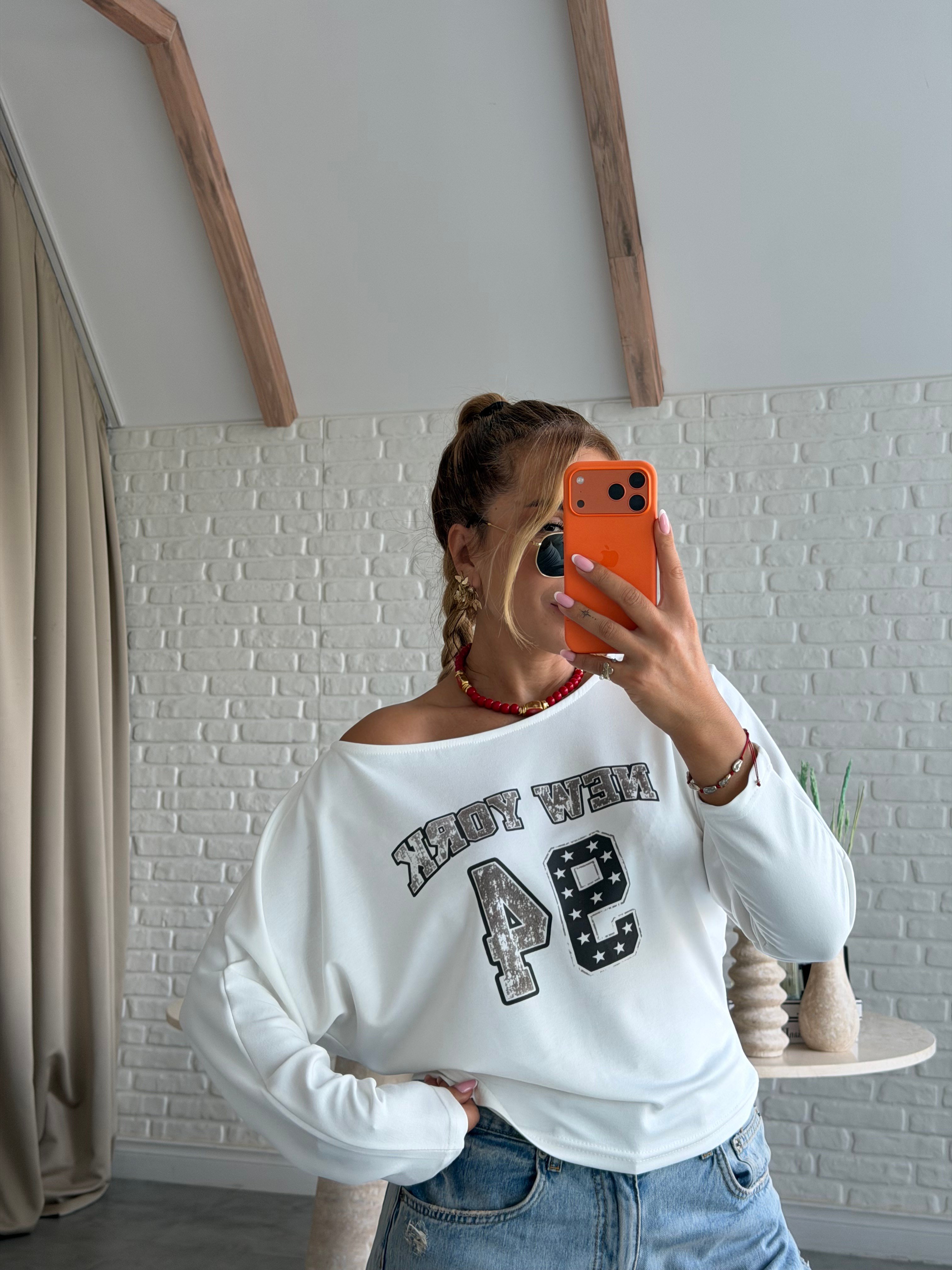 Ekru 94 Baskılı Uzun Kollu T-shirt 