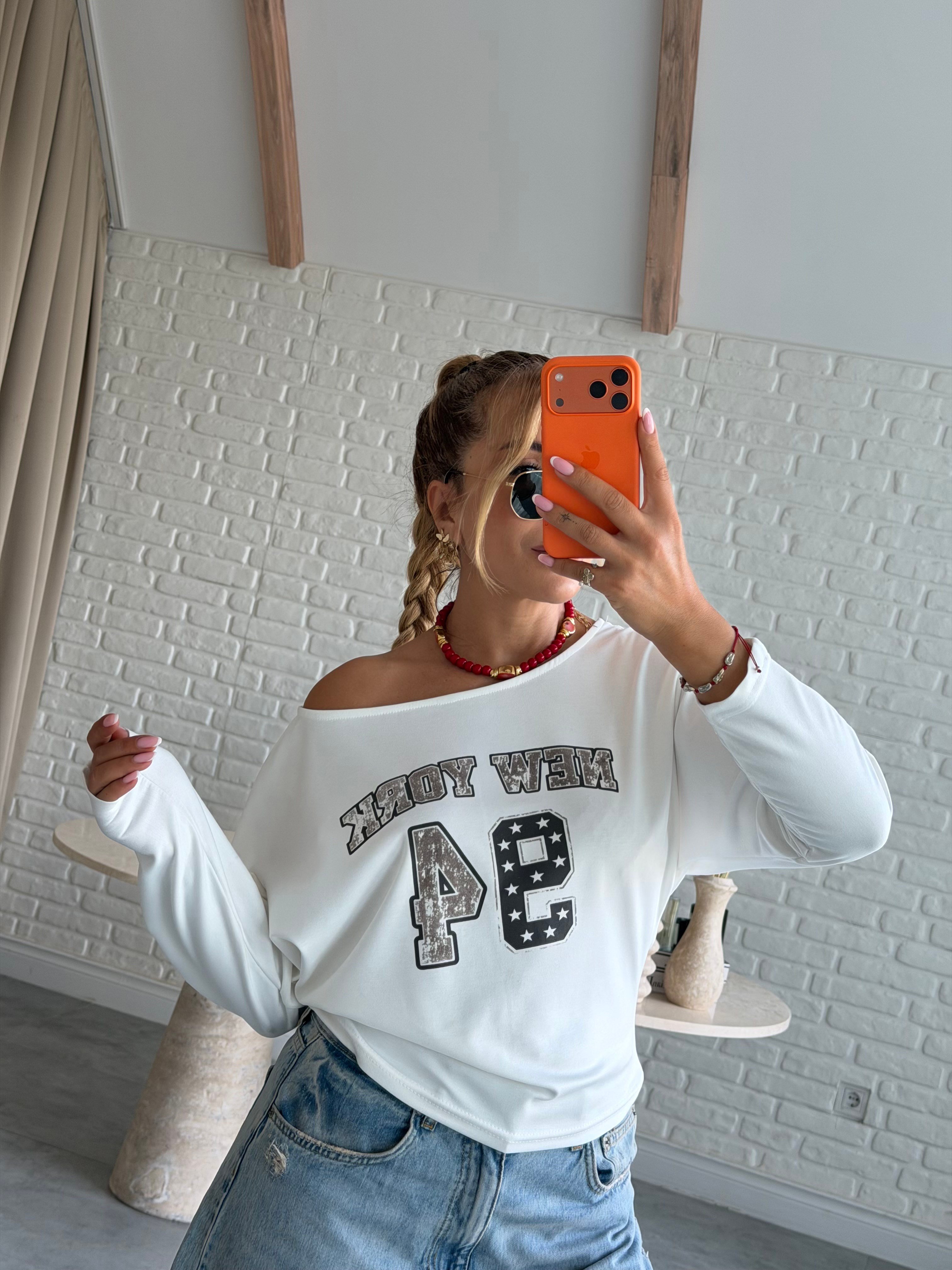 Ekru 94 Baskılı Uzun Kollu T-shirt 