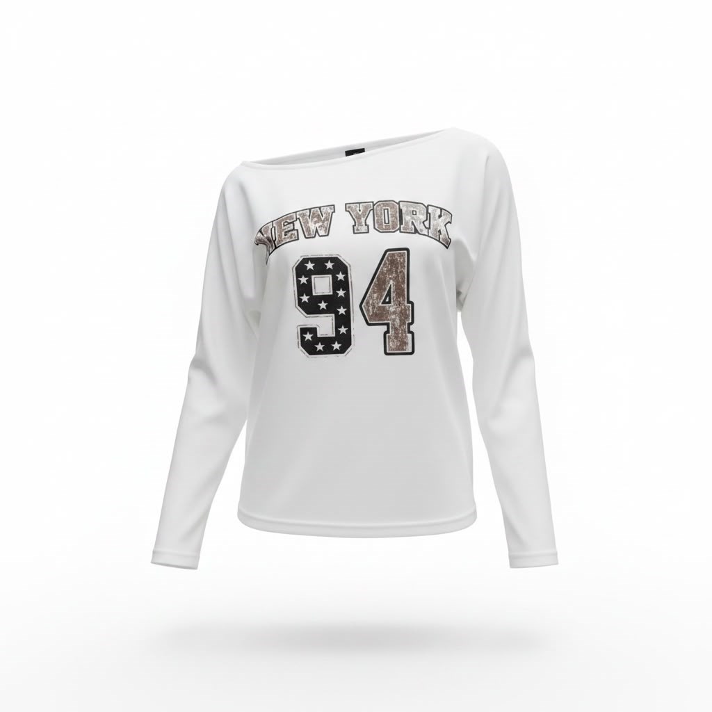Ekru 94 Baskılı Uzun Kollu T-shirt 
