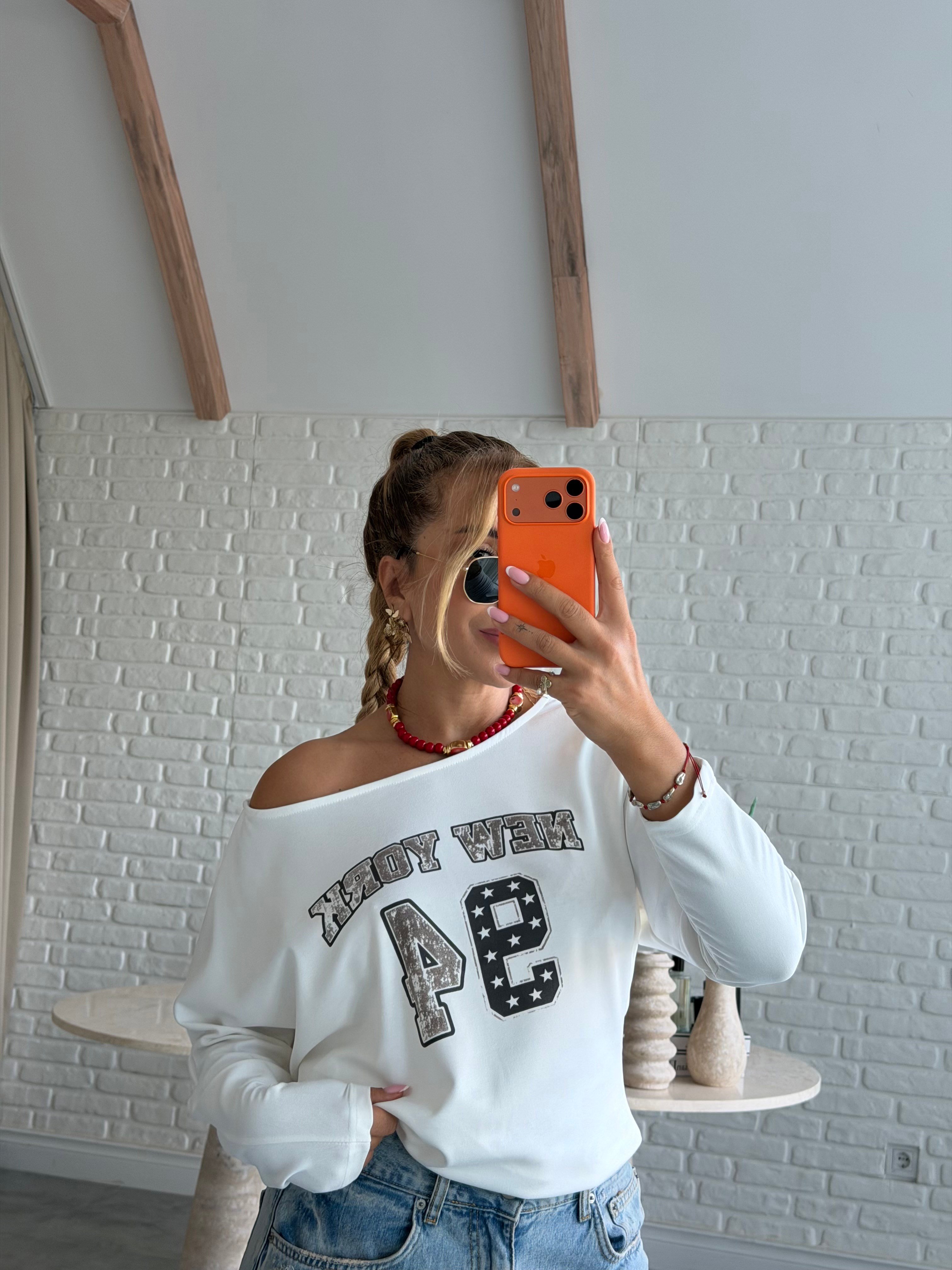 Ekru 94 Baskılı Uzun Kollu T-shirt 