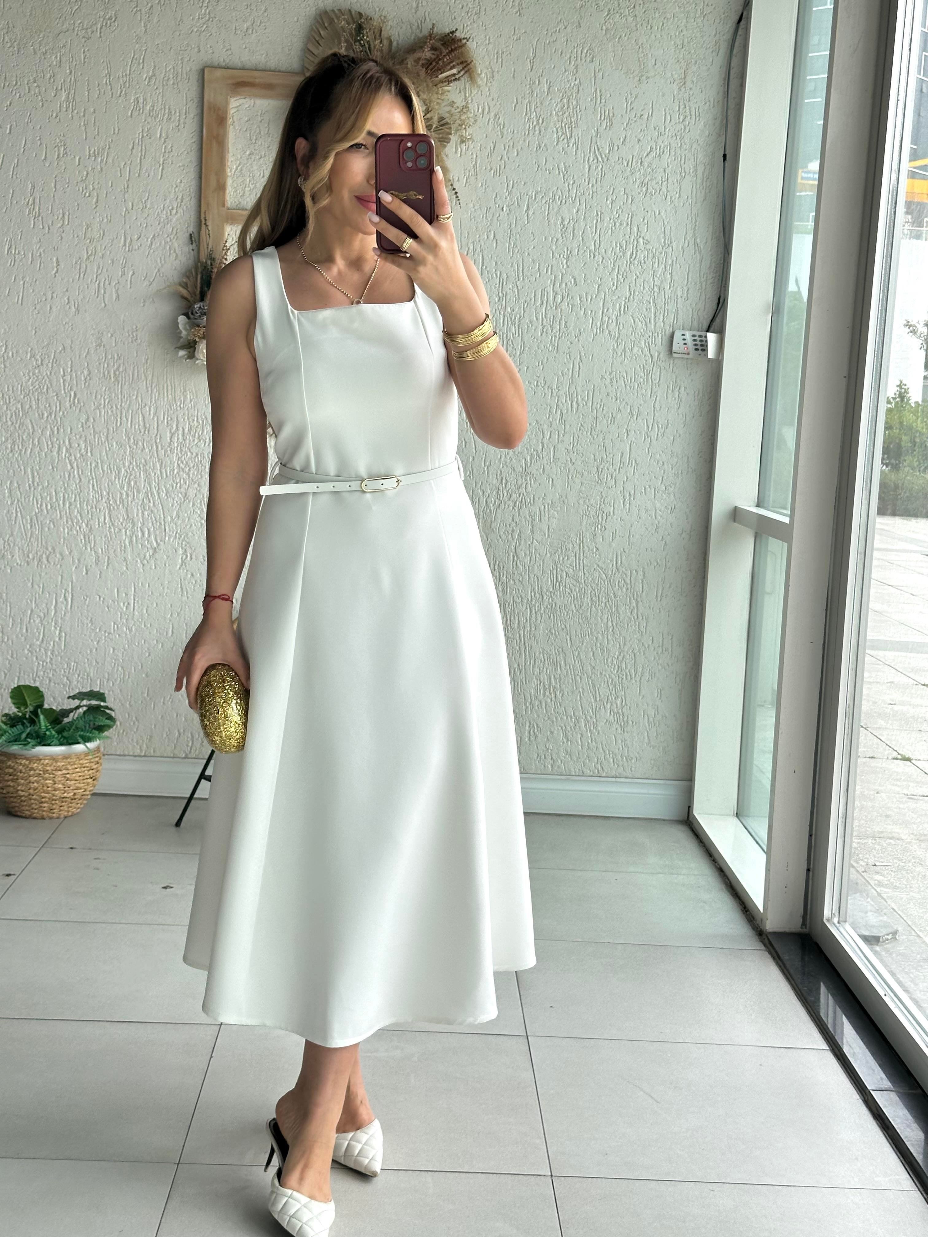 Ekru Askılı Çan Maxi Elbise