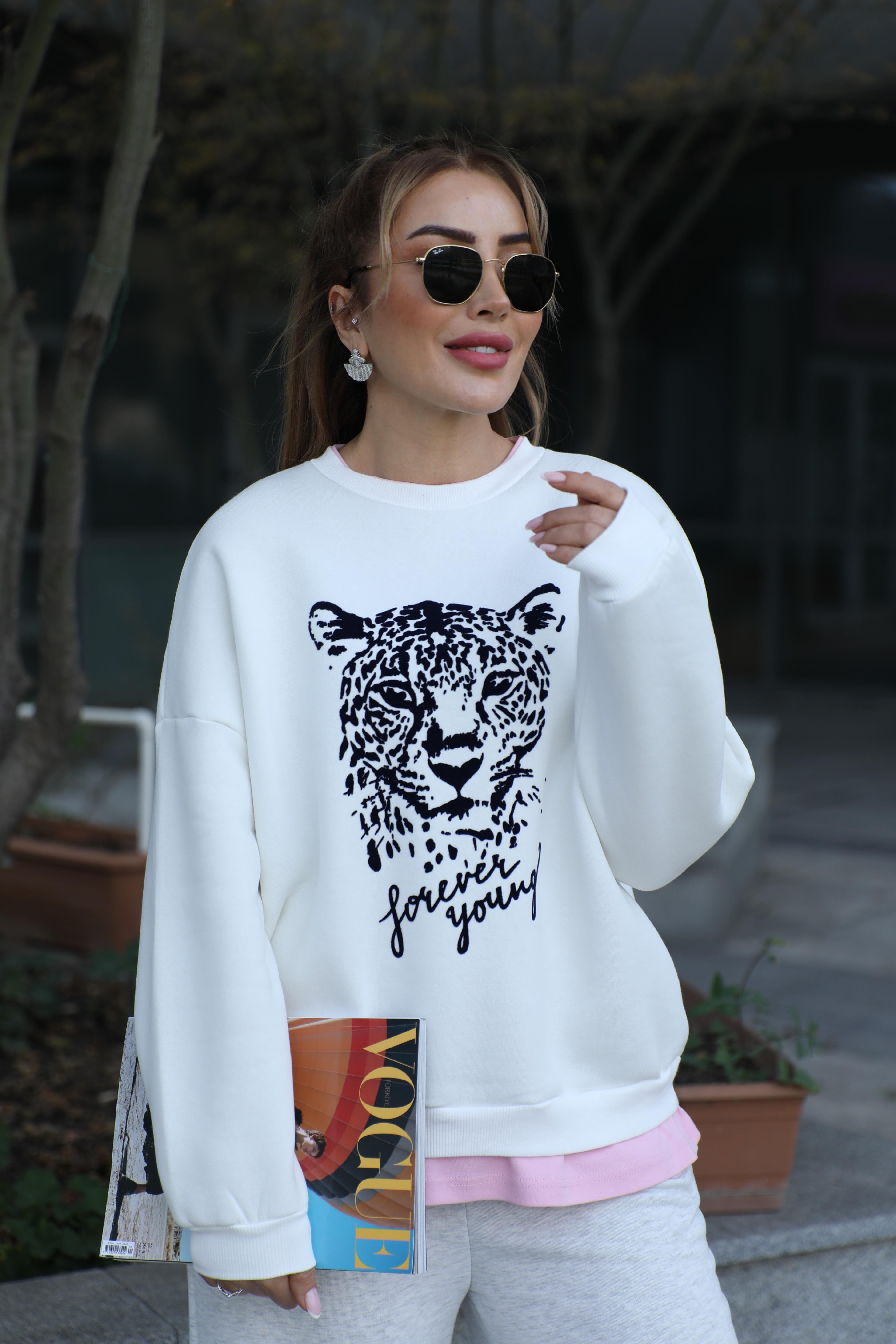 Ekru Baskılı Pembe Basic Detaylı Sweat