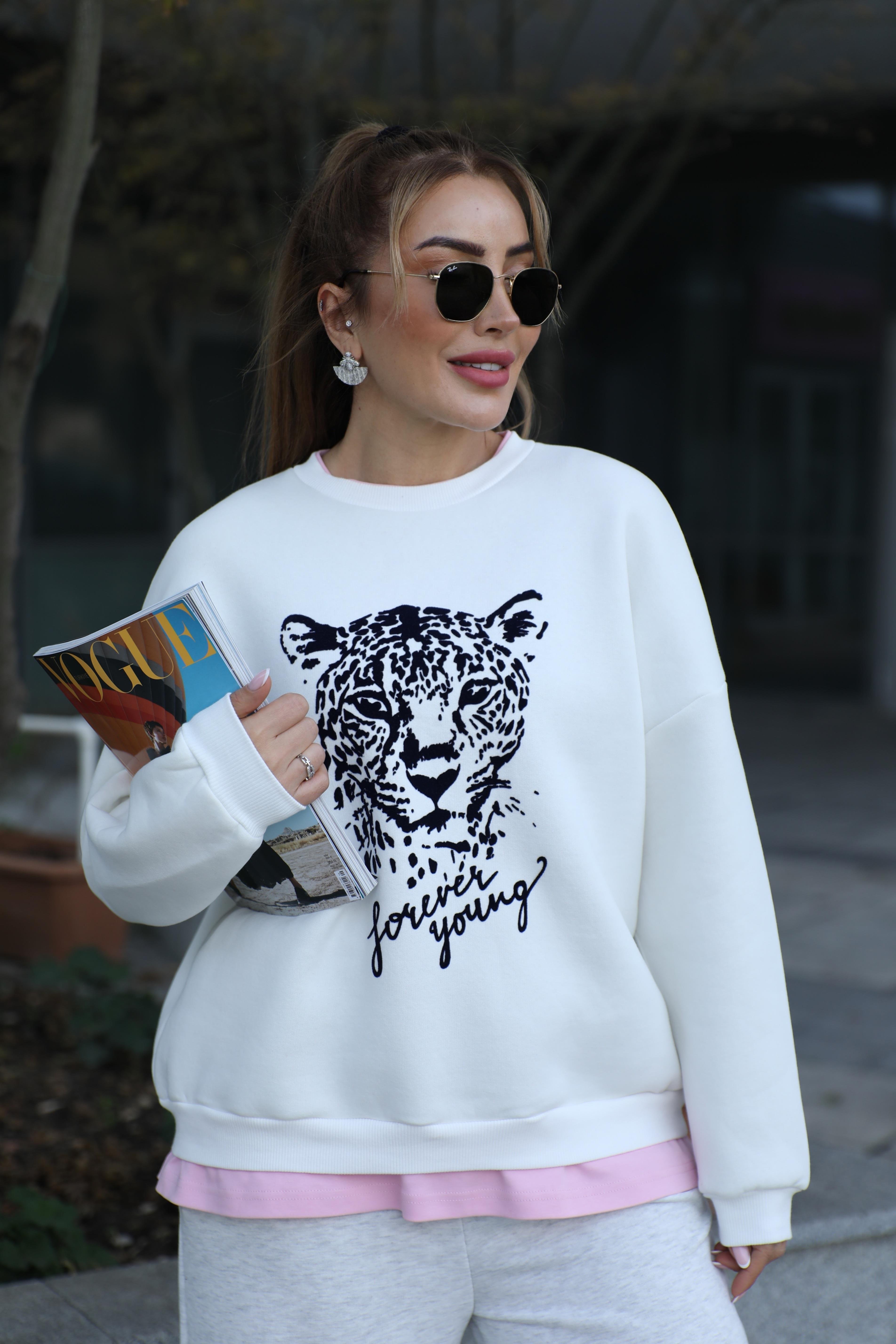 Ekru Baskılı Pembe Basic Detaylı Sweat