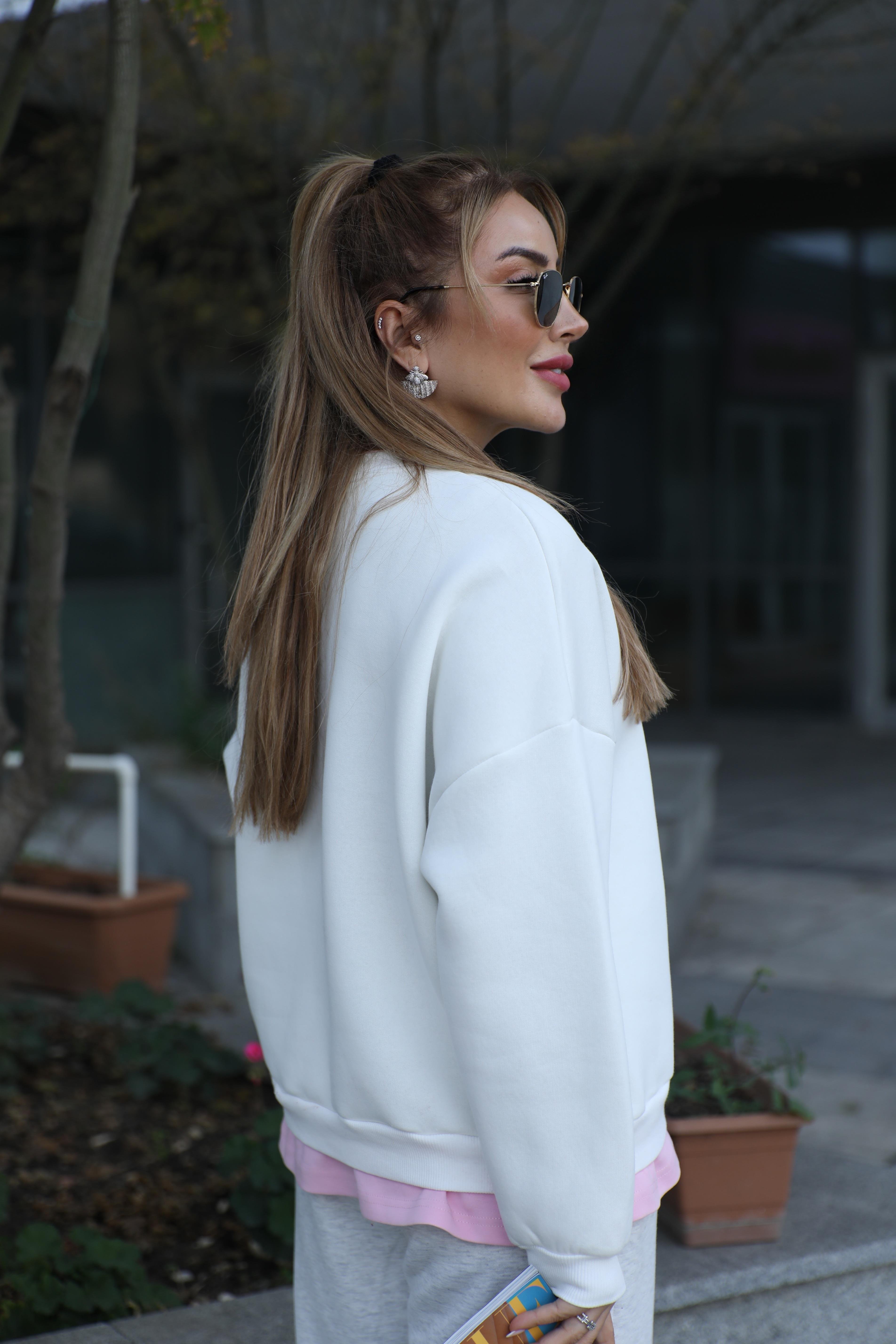 Ekru Baskılı Pembe Basic Detaylı Sweat