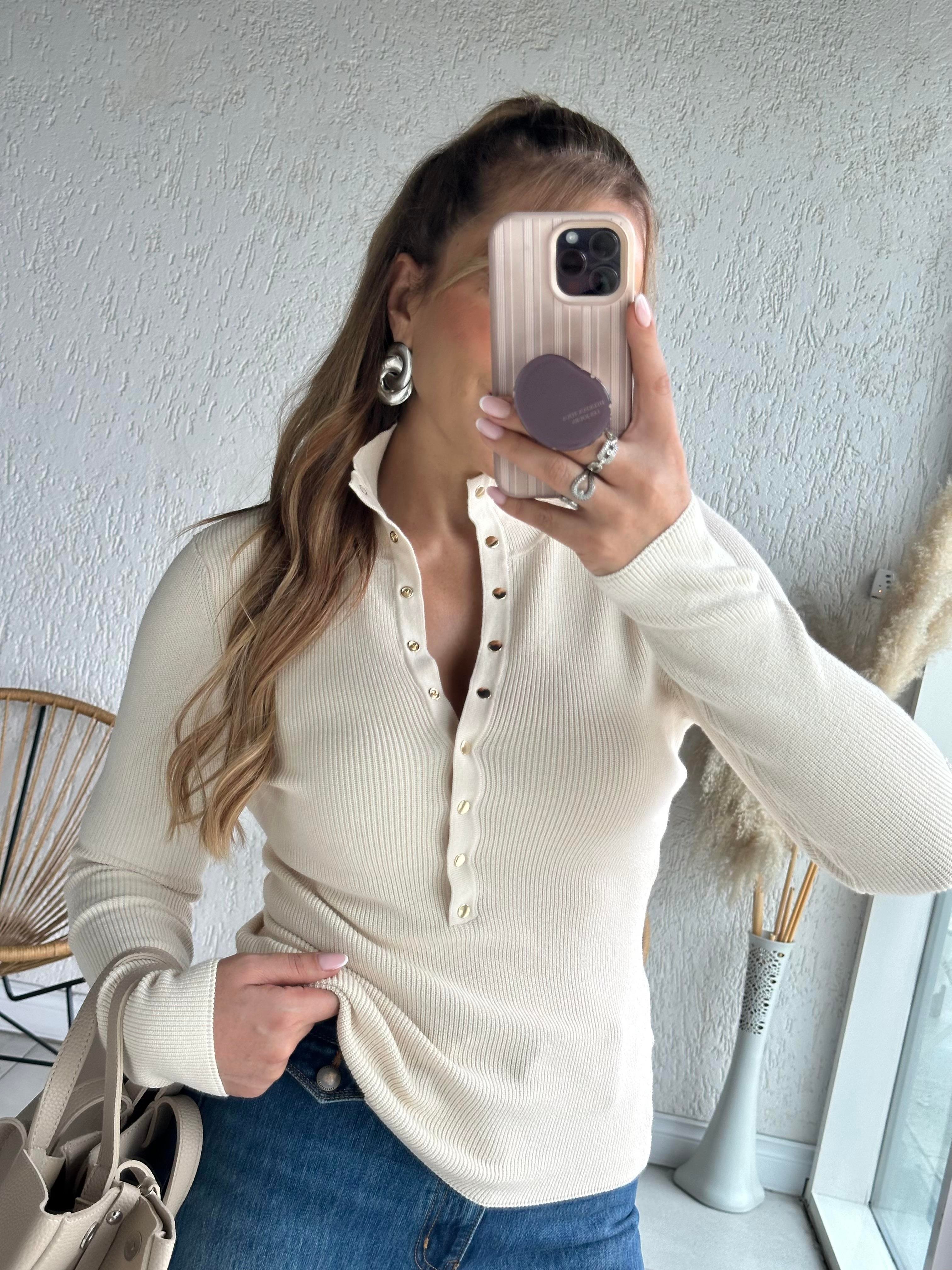 Ekru Çıtçıtlı Triko Bluz